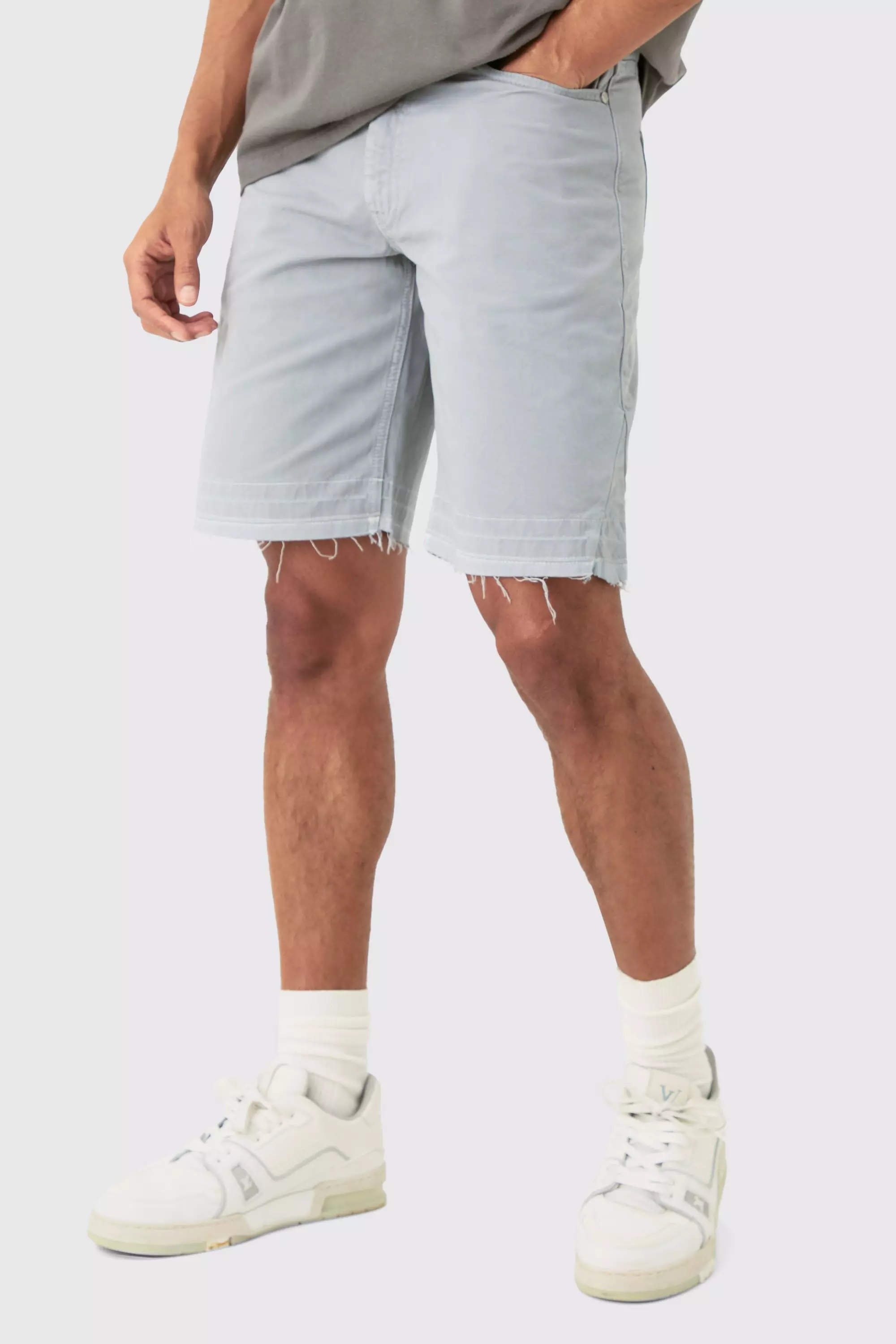 Fixed Waist Raw Hem Relaxed Gusset Shorts Grey