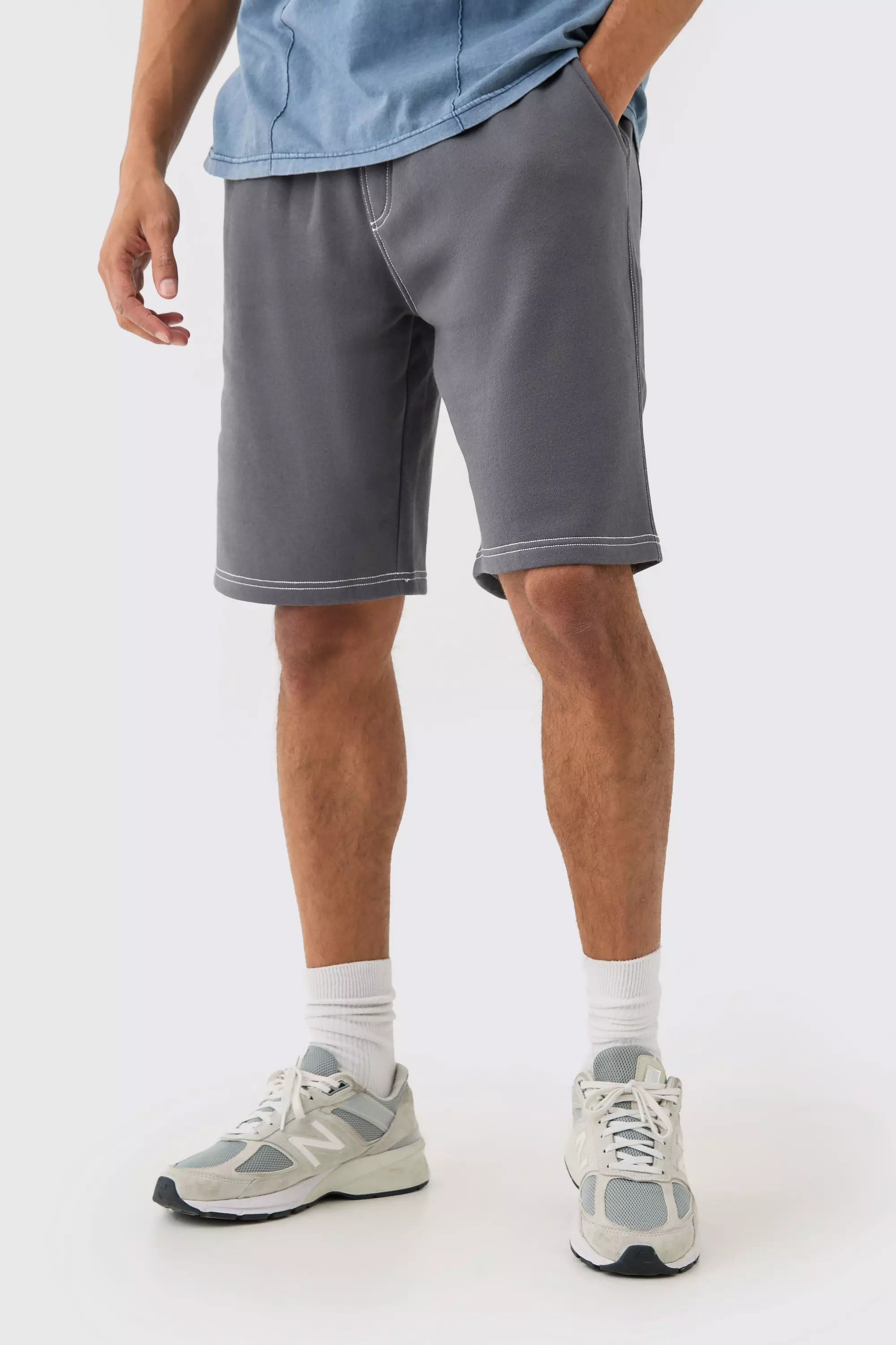 Grey Relaxed Contrast Stitch Long Length Shorts