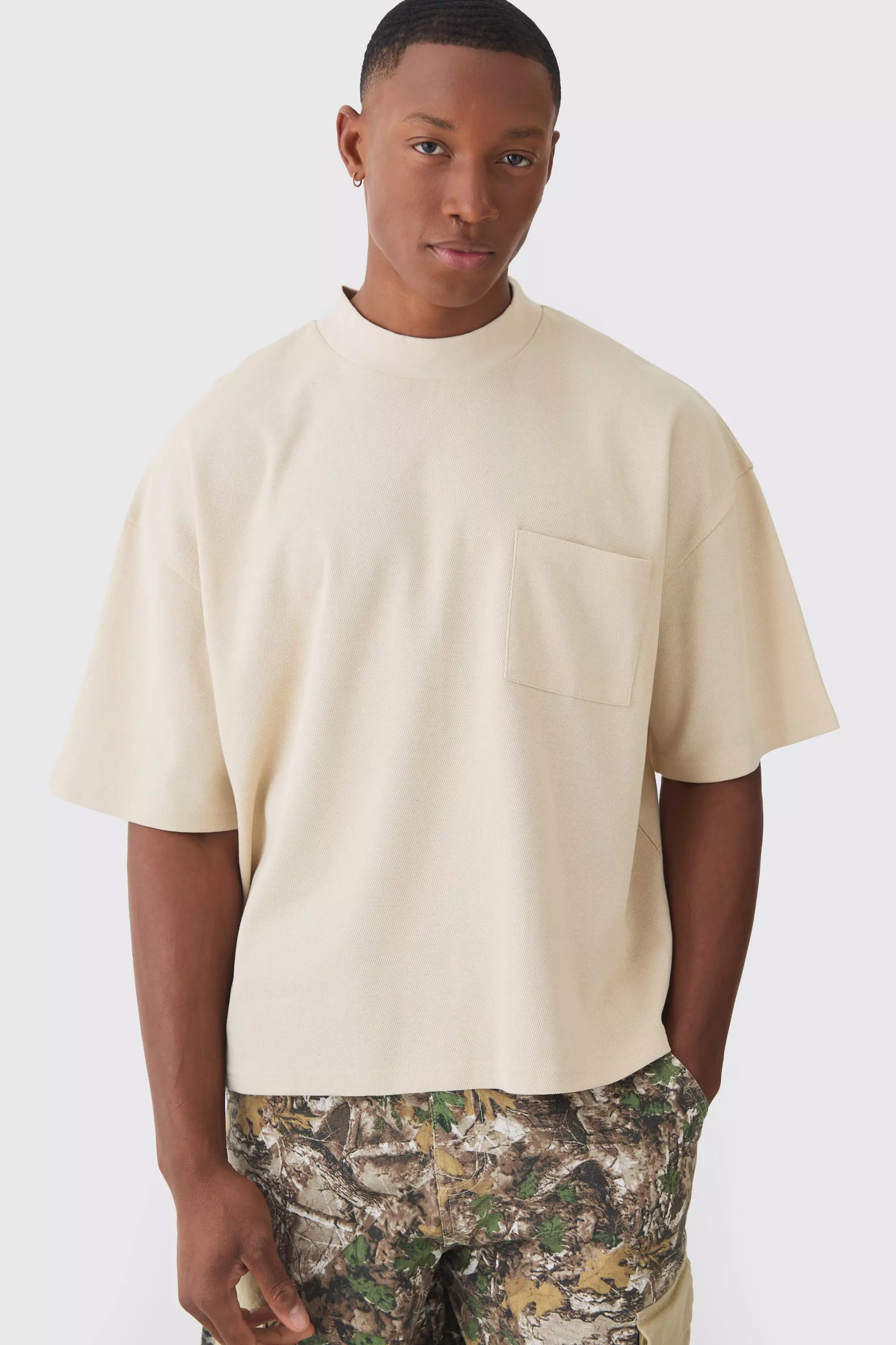 Oversized Boxy Fit Double Knit Mesh T-shirt Beige