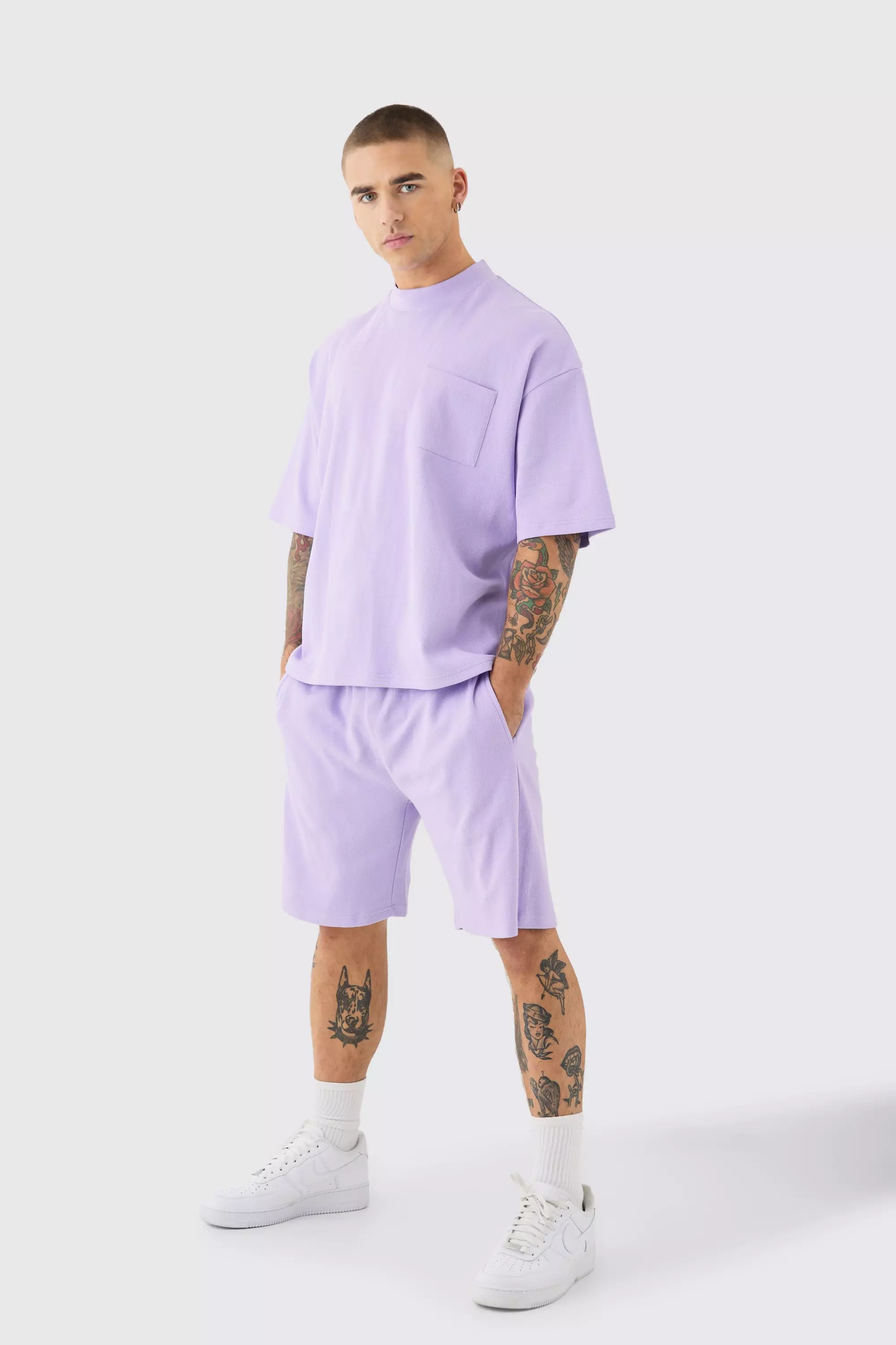 Oversized Boxy Fit Double Knit Mesh T-shirt & Shorts Lilac