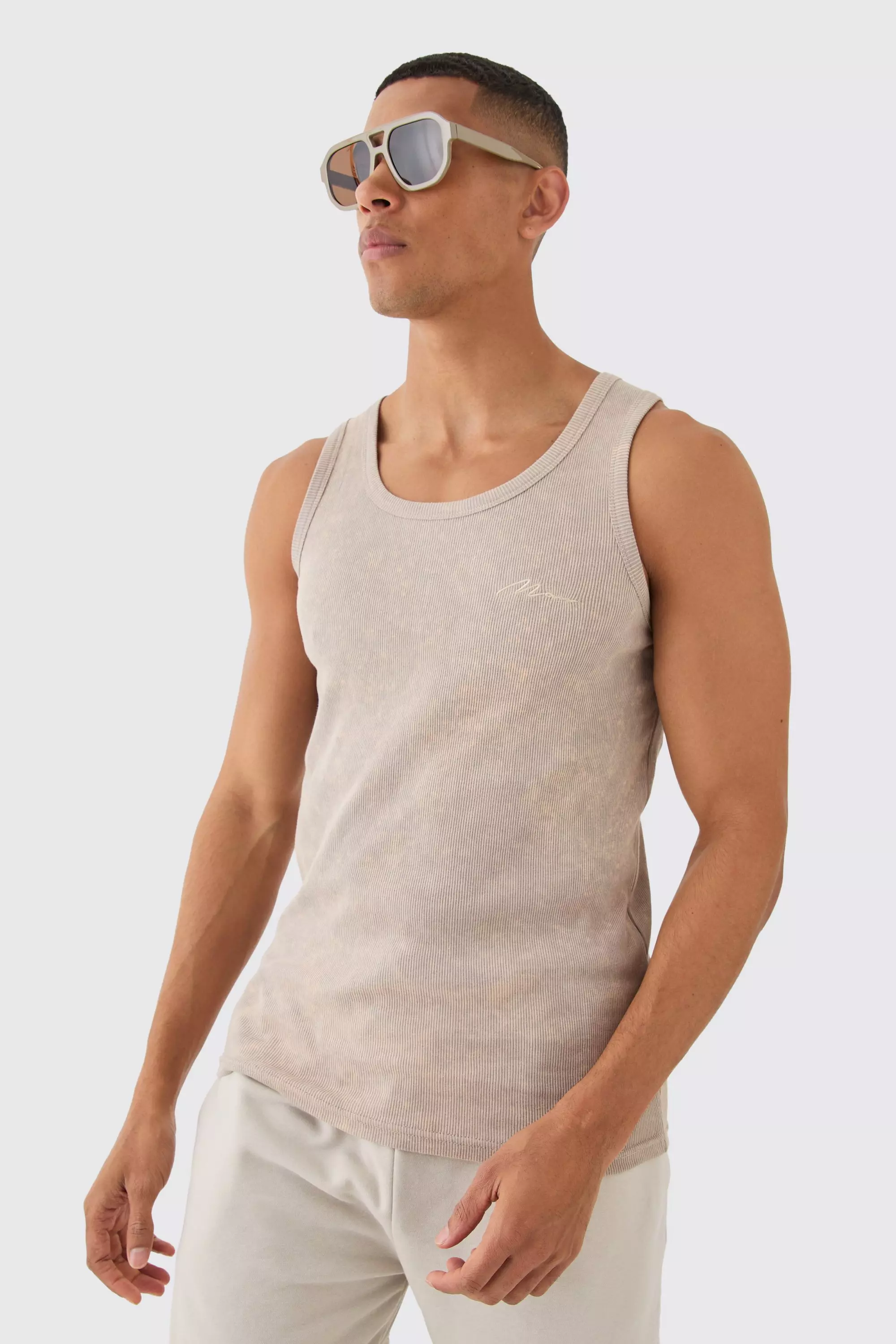 Slim Acid Washed Man Signature Ribbed Vest Stone