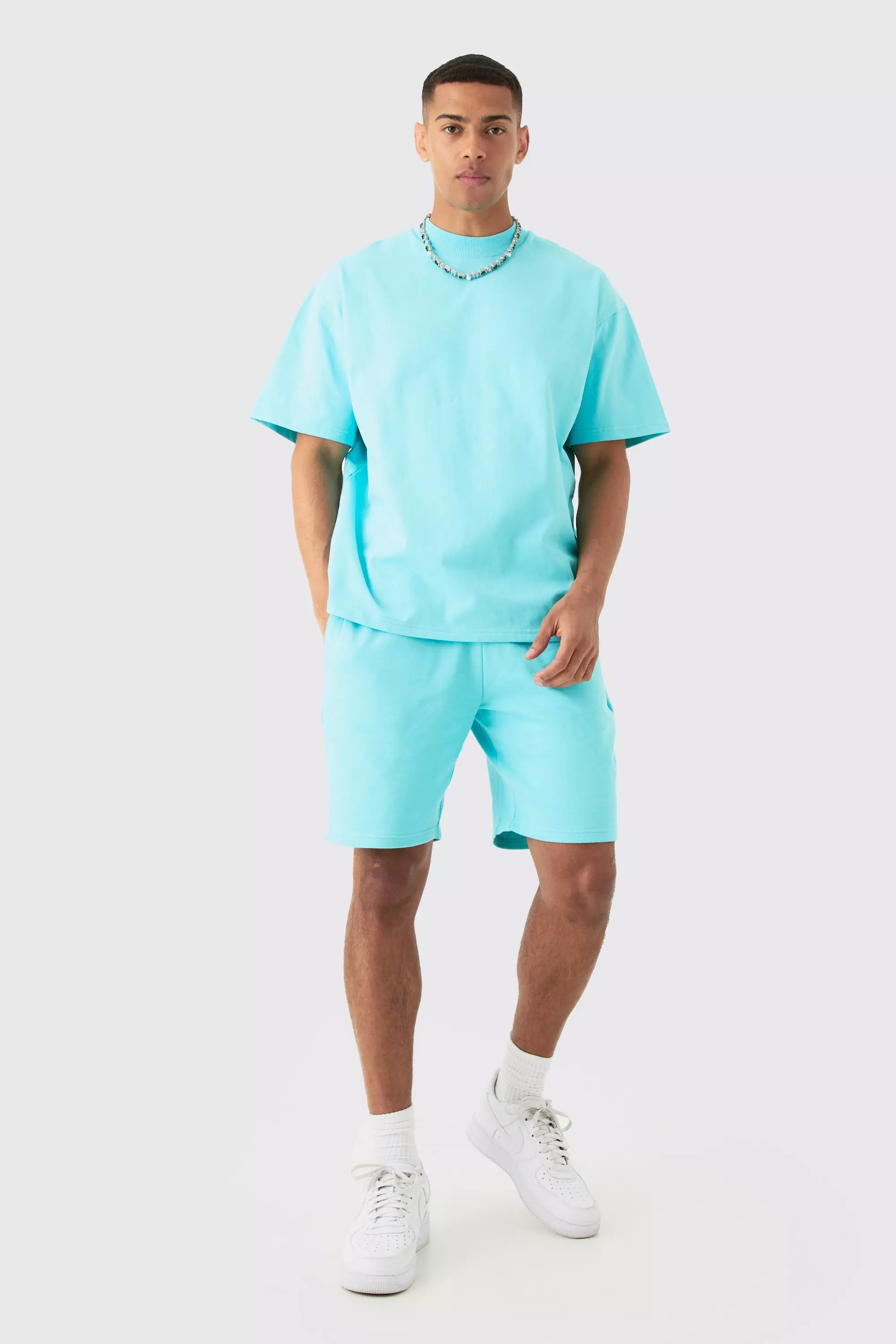 Aqua Blue Oversized Super Heavyweight Jersey T-shirt & Shorts Set