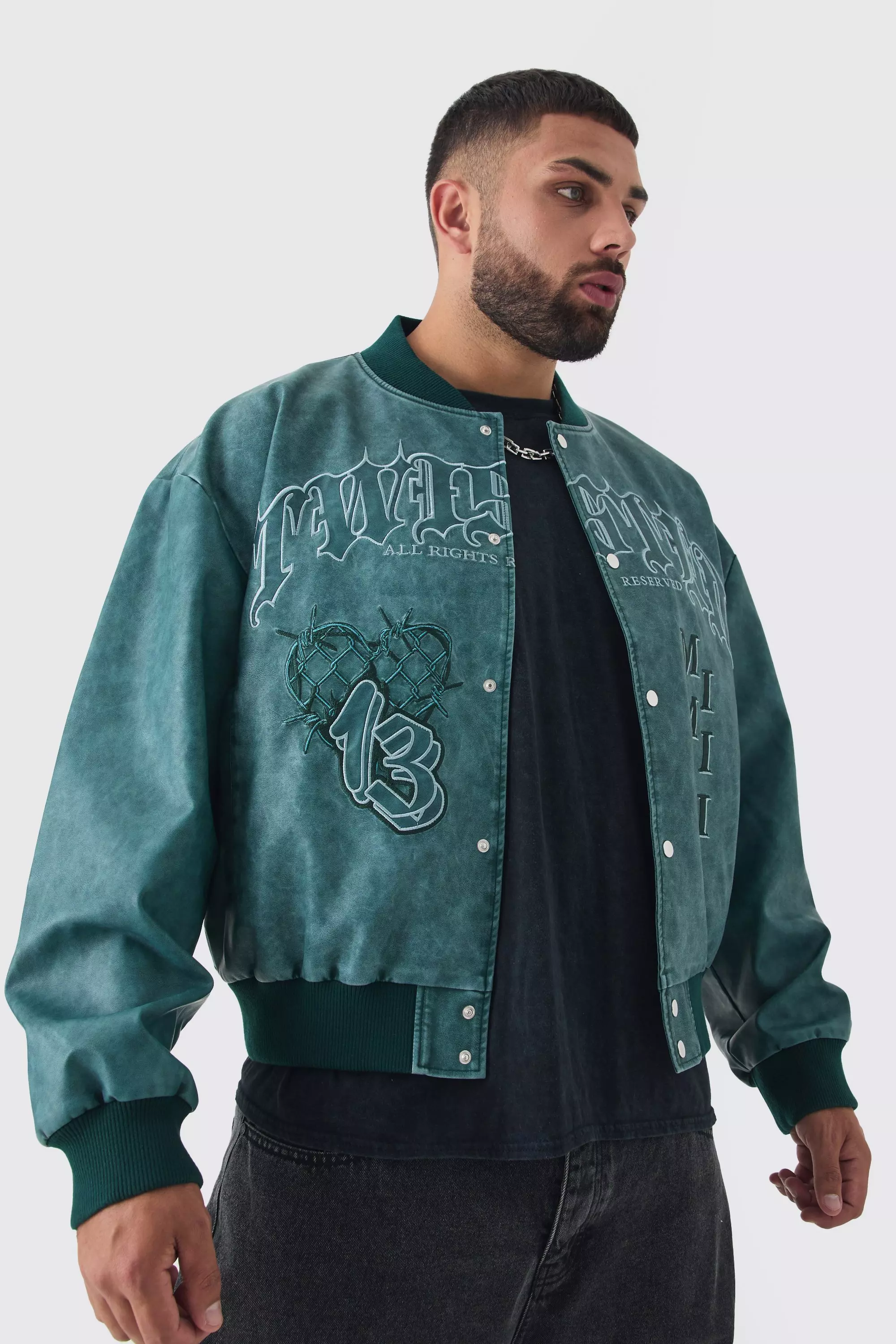 Plus Boxy Tonal Badge Tumbled PU Varsity Jacket In Blue Blue