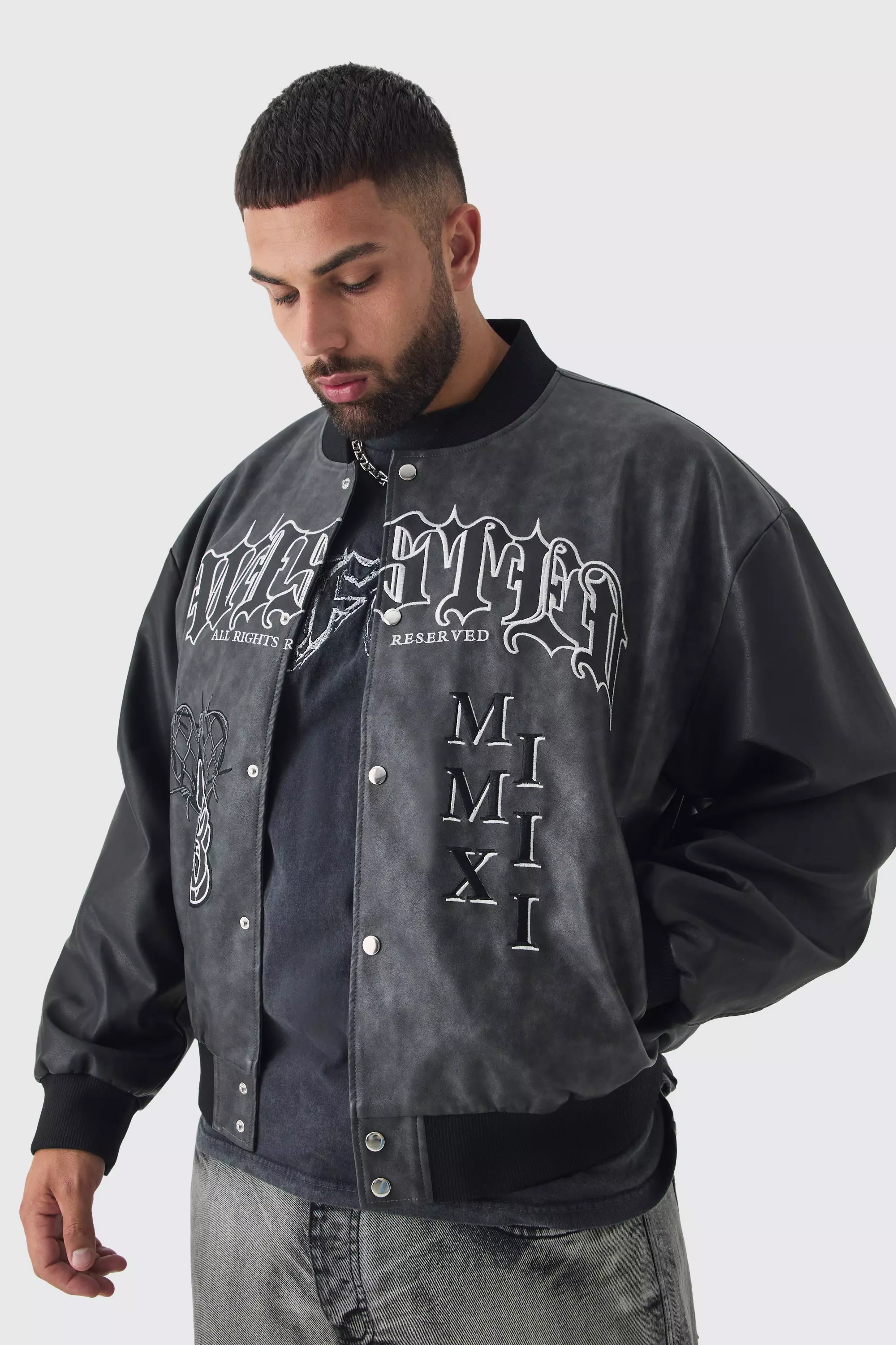 Plus Boxy Tonal Badge Tumbled PU Varsity Jacket In Black Black