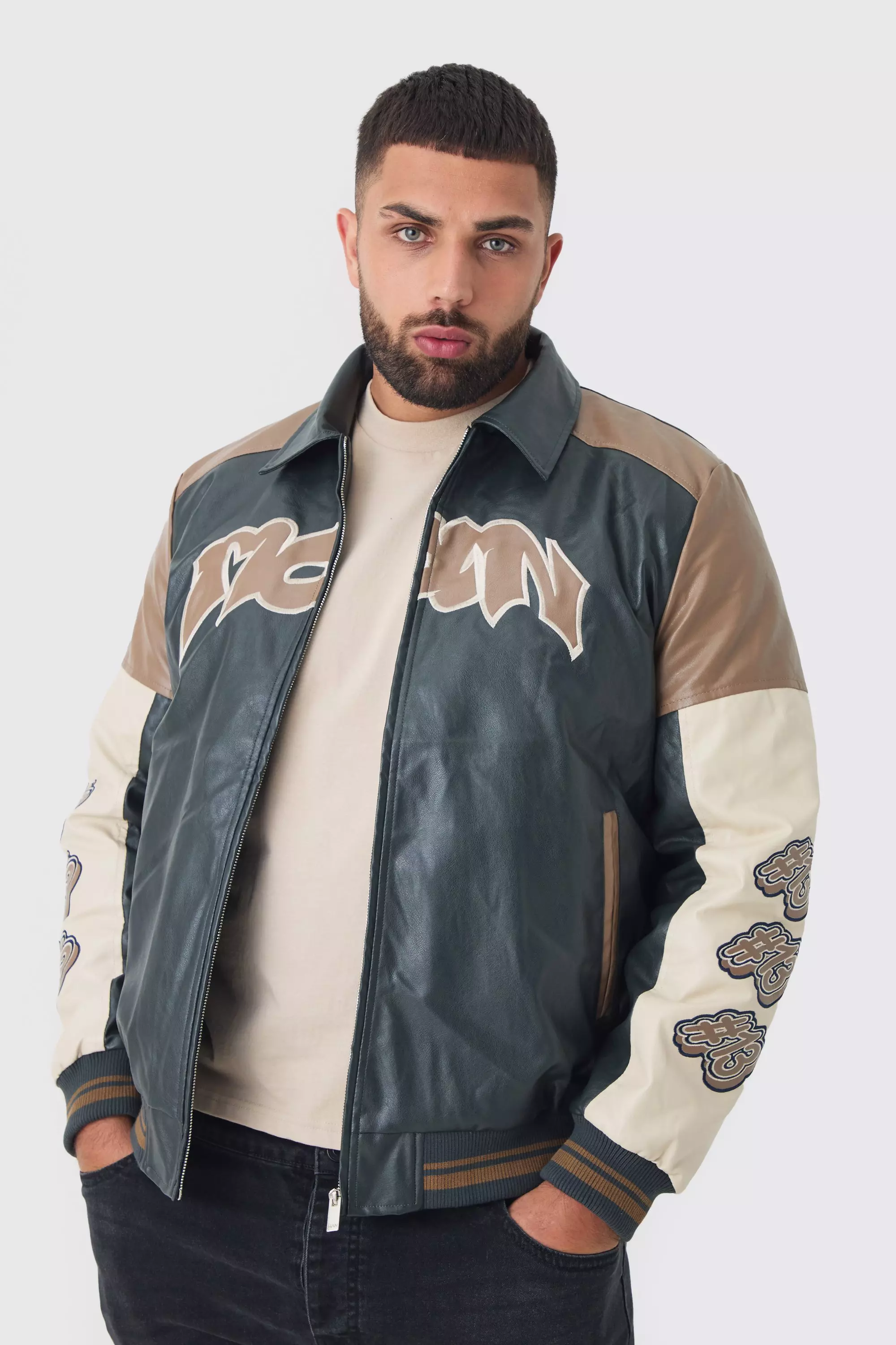 Plus Badge Detail Colour Block PU Varsity Jacket In Black Black