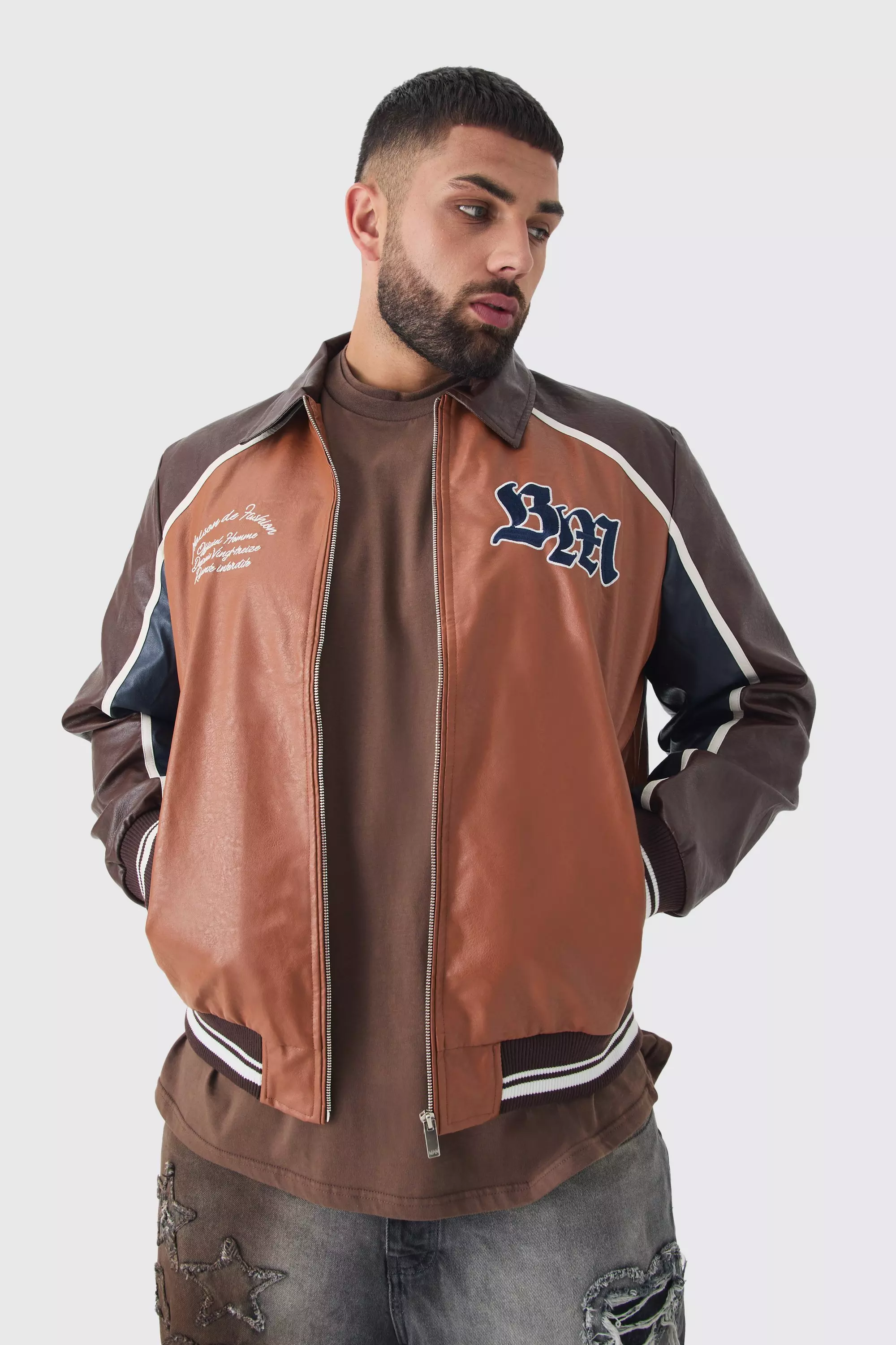 Plus BM Badge Collared PU Varsity Jacket In Brown Brown