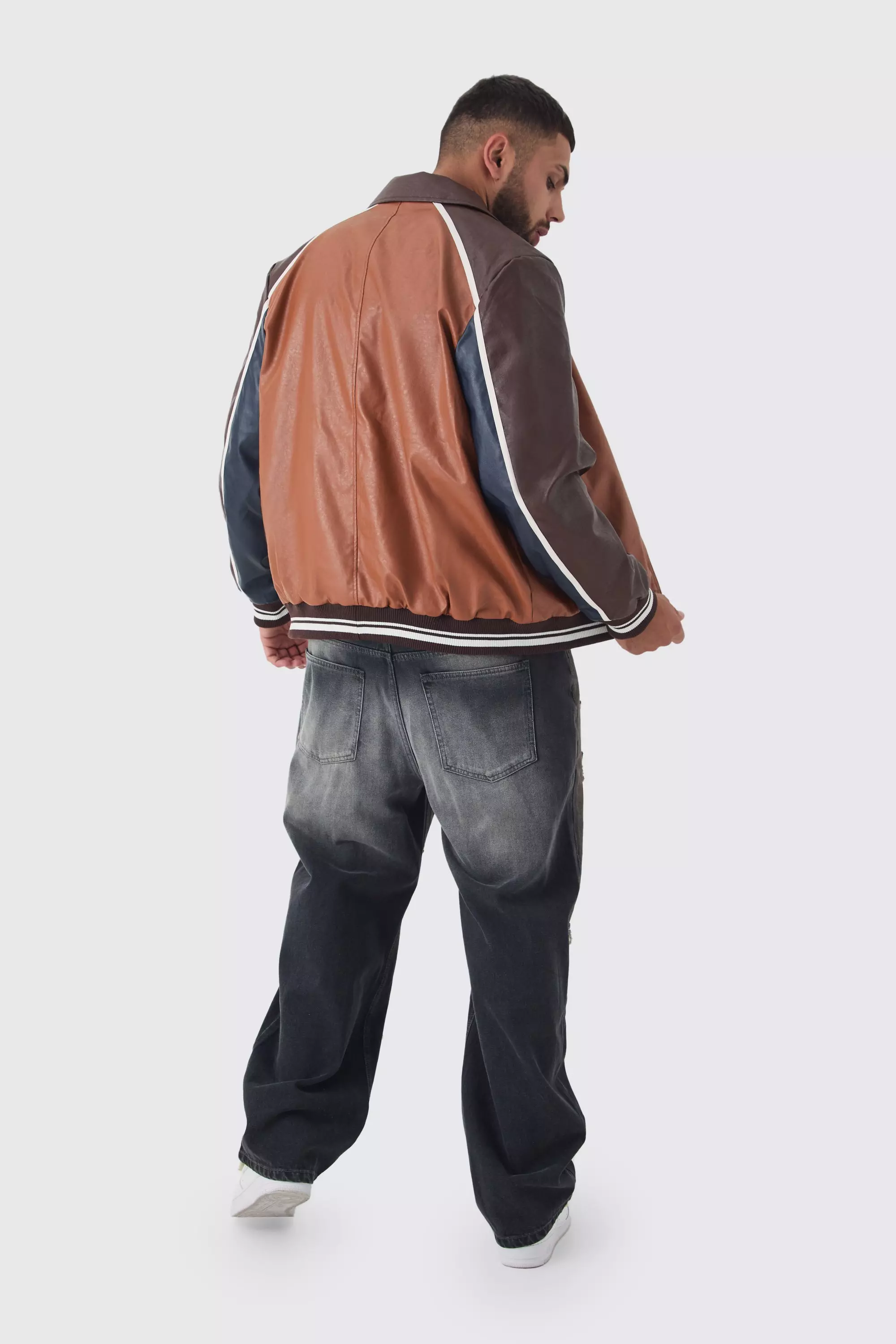 Brown Plus Bruin PU Varsity Jacket Met Bm Kraag En Kraag alternatieve afbeelding