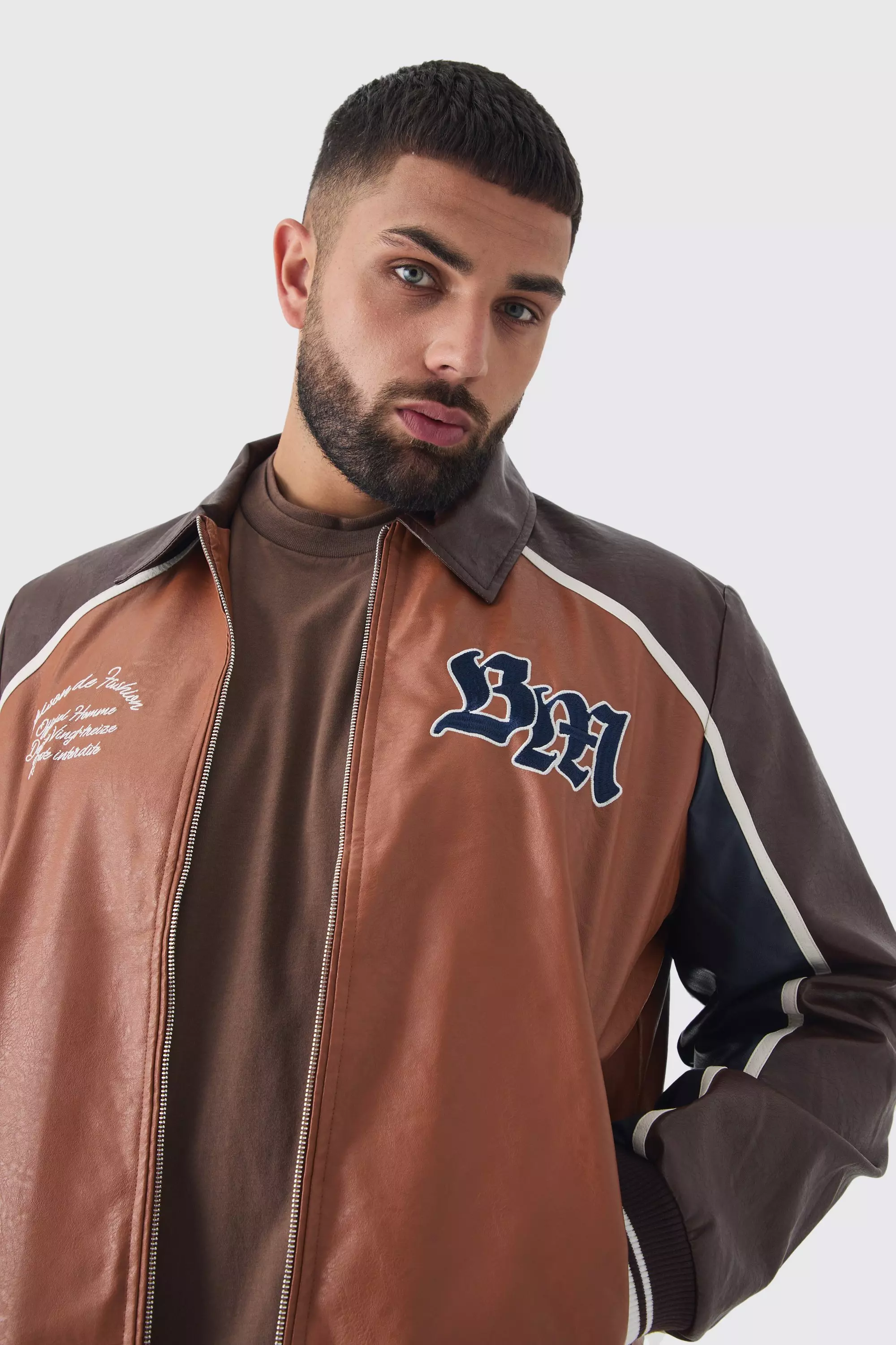 Brown Plus Bruin PU Varsity Jacket Met Bm Kraag En Kraag alternatieve afbeelding