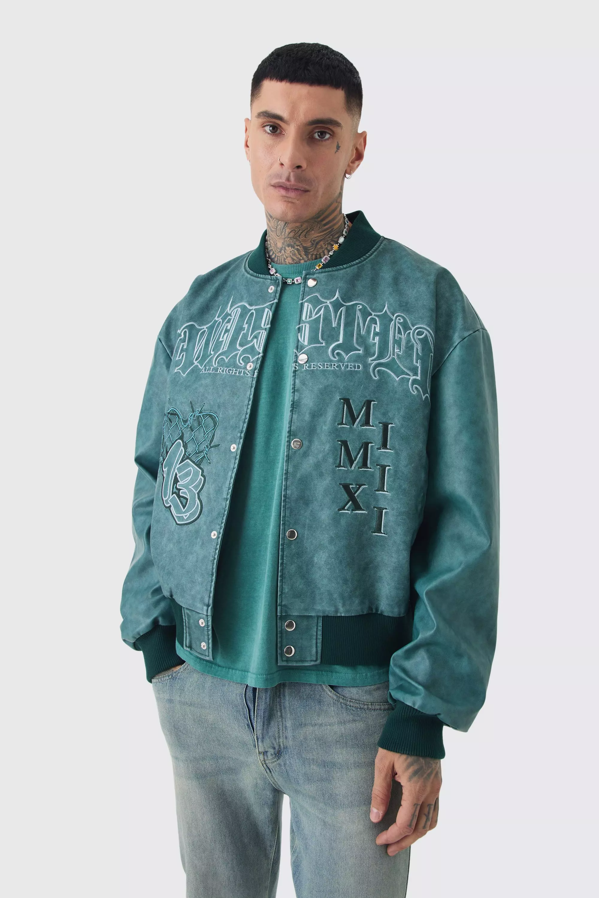 Tall Boxy Tonal Badge Tumbled PU Varsity Jacket In Blue Blue