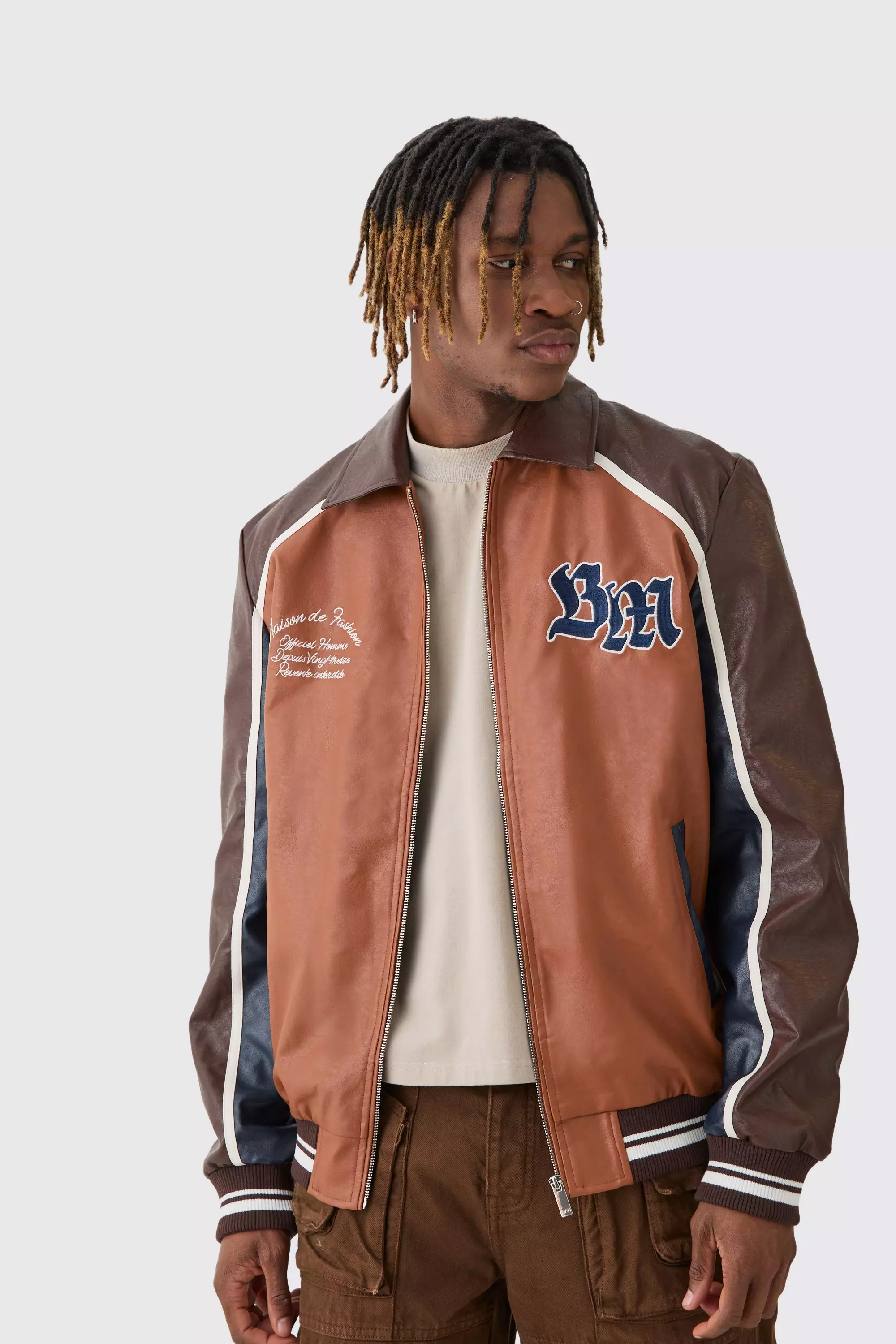 Tall BM Badge Collared PU Varsity Jacket In Brown Brown