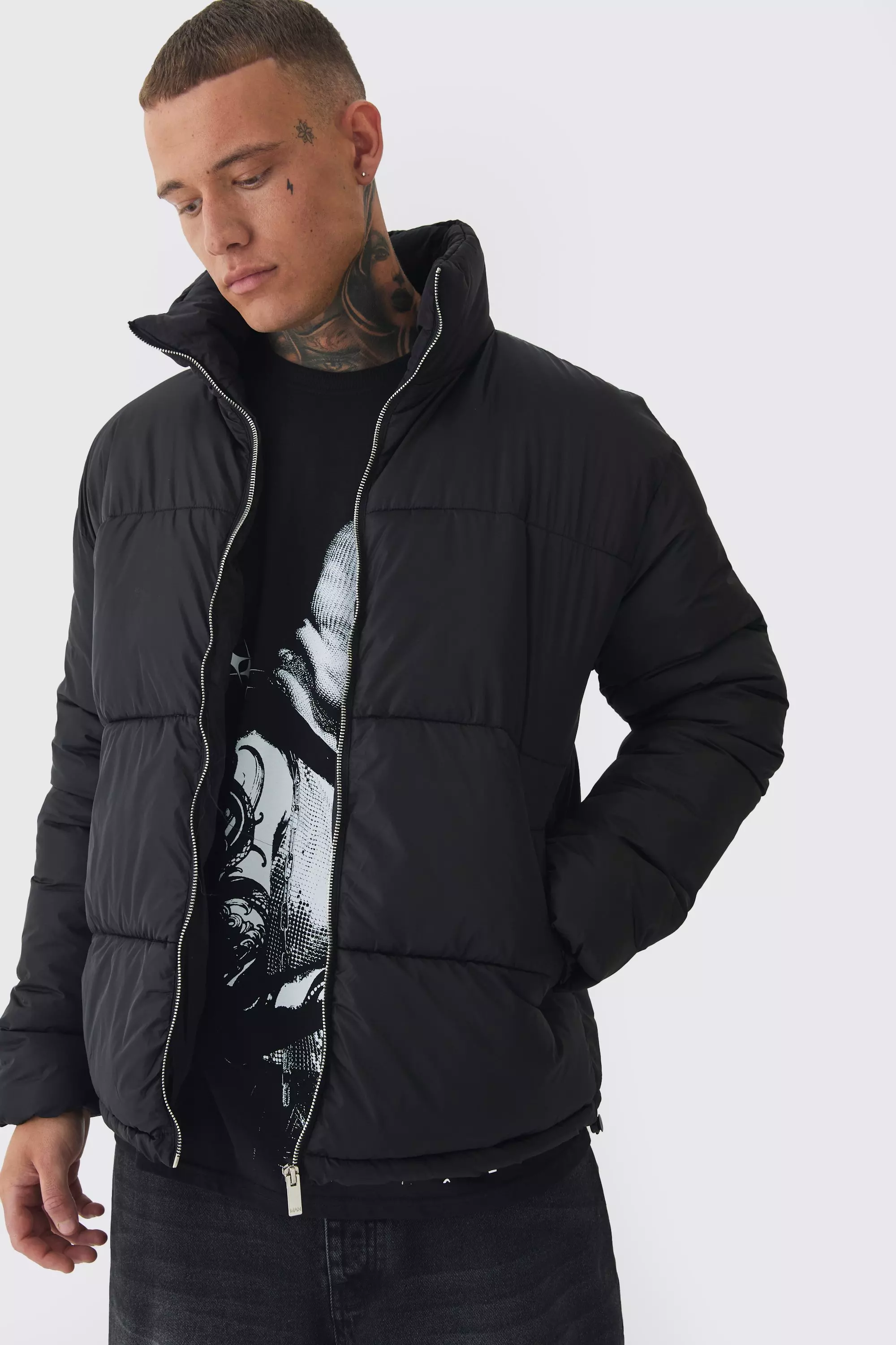 Funnel neck puffer jacket mens online