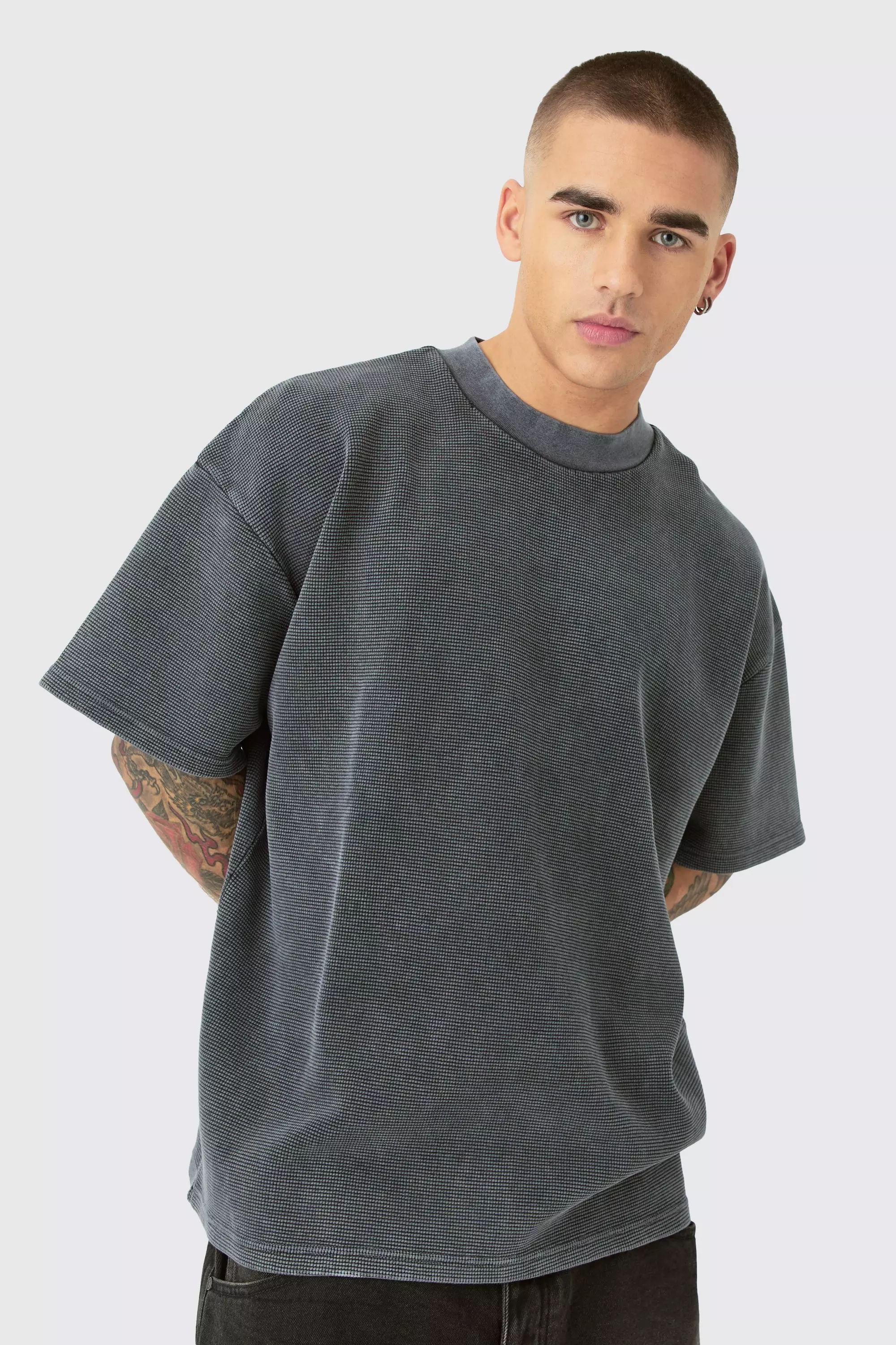 Charcoal Grey Oversized Washed Heavyweight Waffle T-shirt