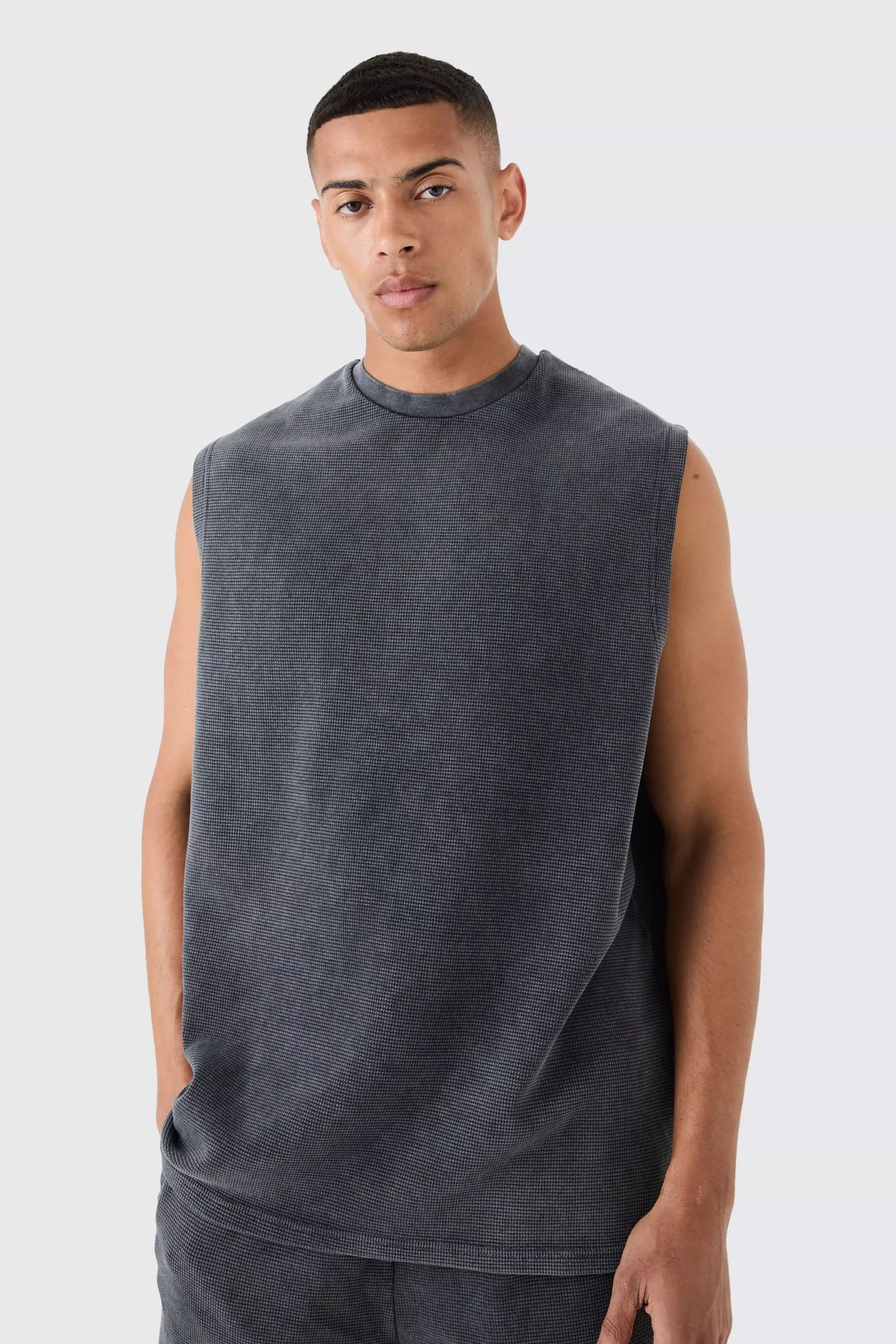 Oversized Washed Heavyweight Waffle Tank Charcoal