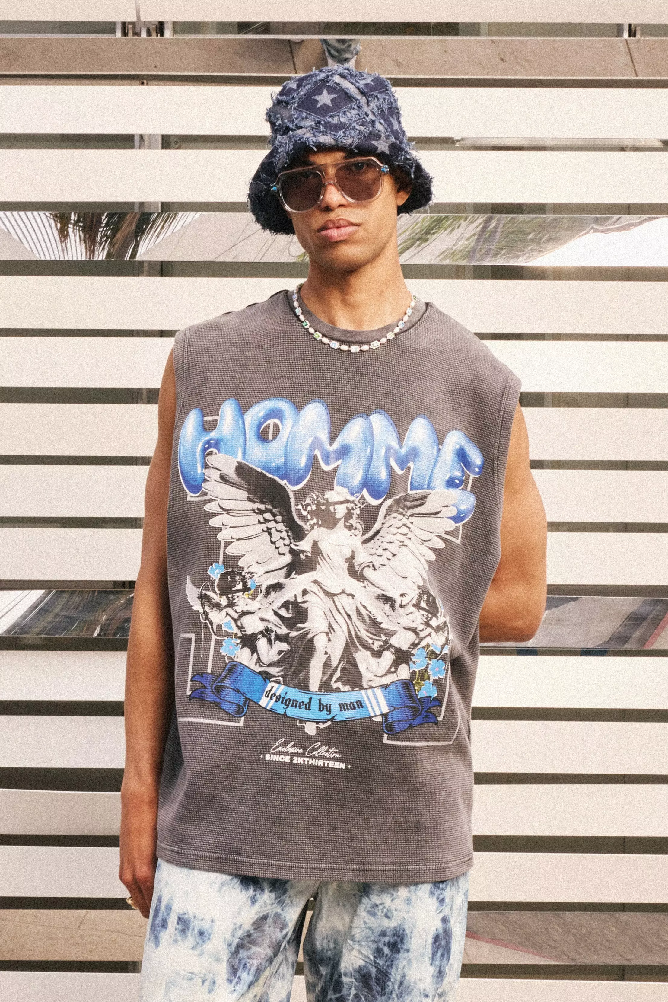 Oversized Washed Heavyweight Waffle Homme Graphic Tank Charcoal