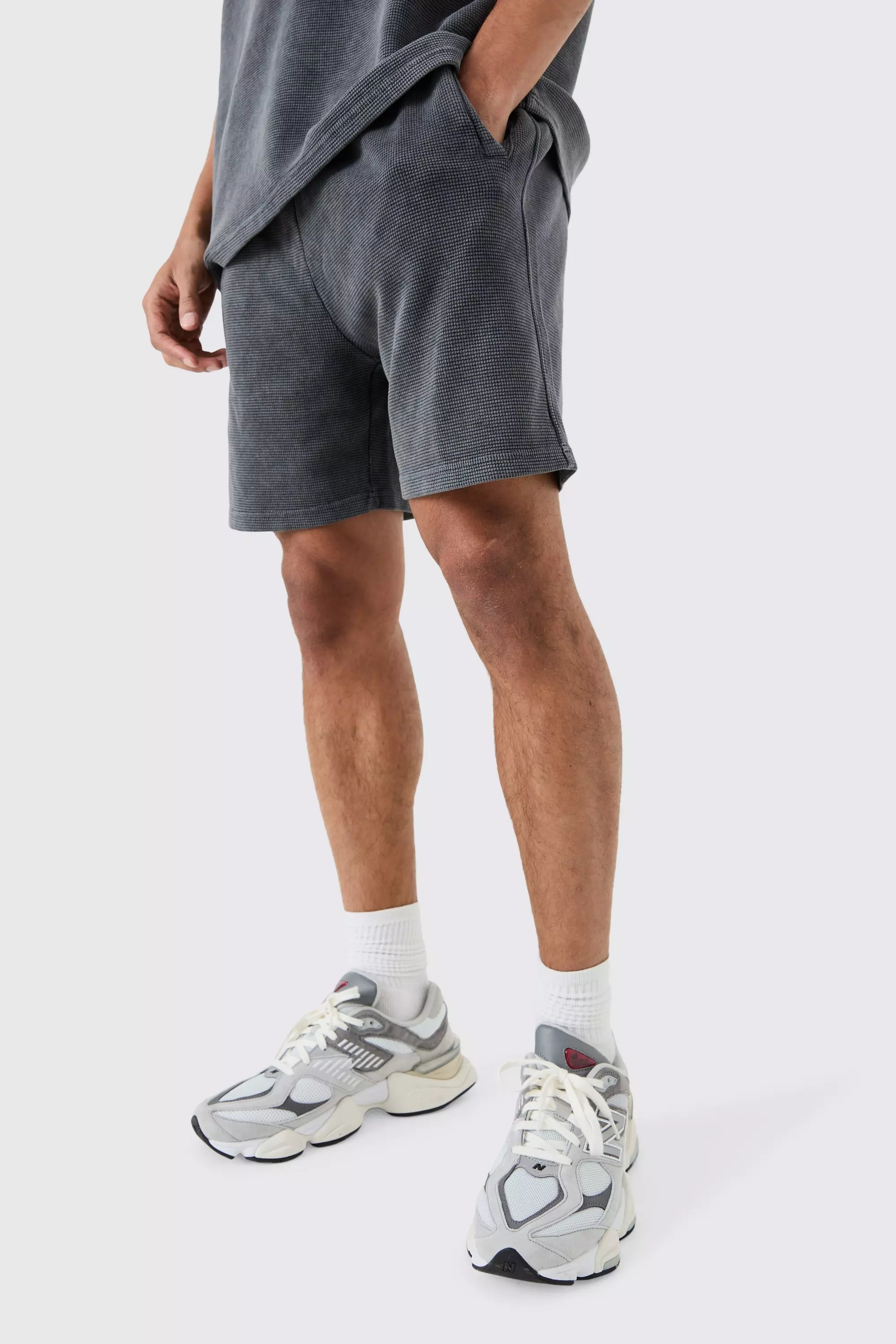 Relaxed Washed Heavyweight Waffle Shorts Charcoal