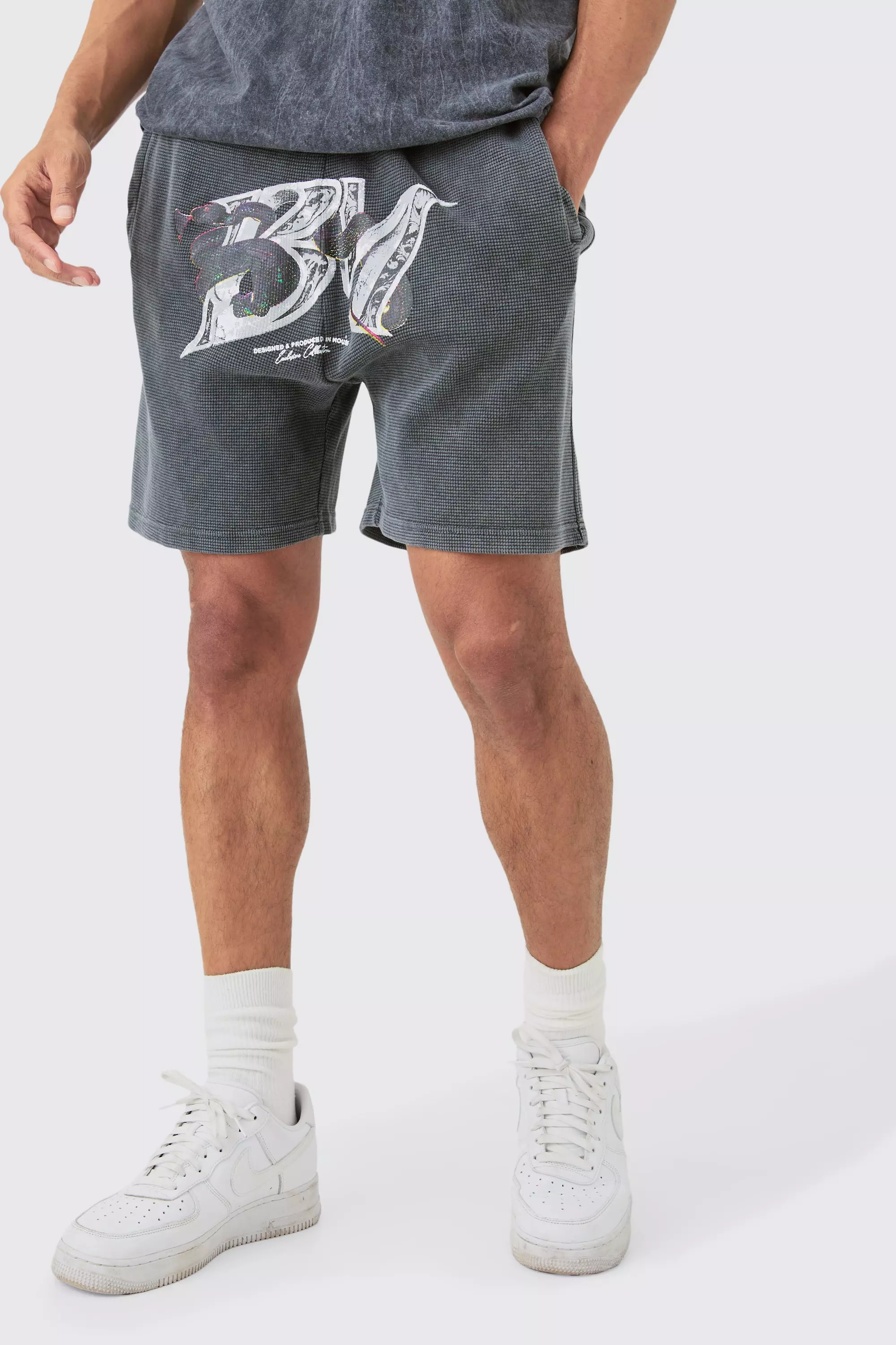 Relaxed Washed Heavyweight Graphic Volley Waffle Shorts Charcoal