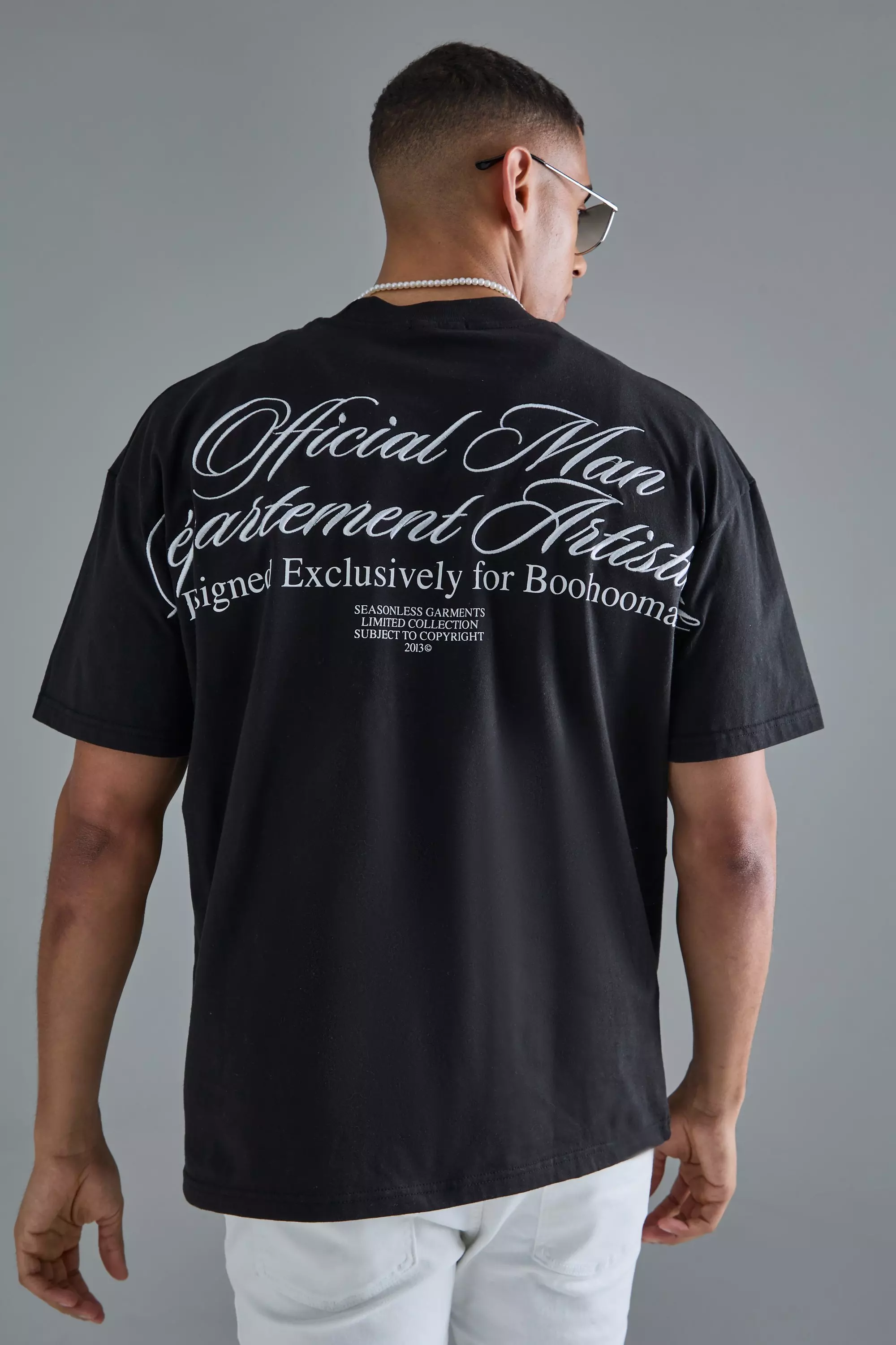 Oversized Extend Neck Slogan Embroidered Heavyweight T-shirt Black