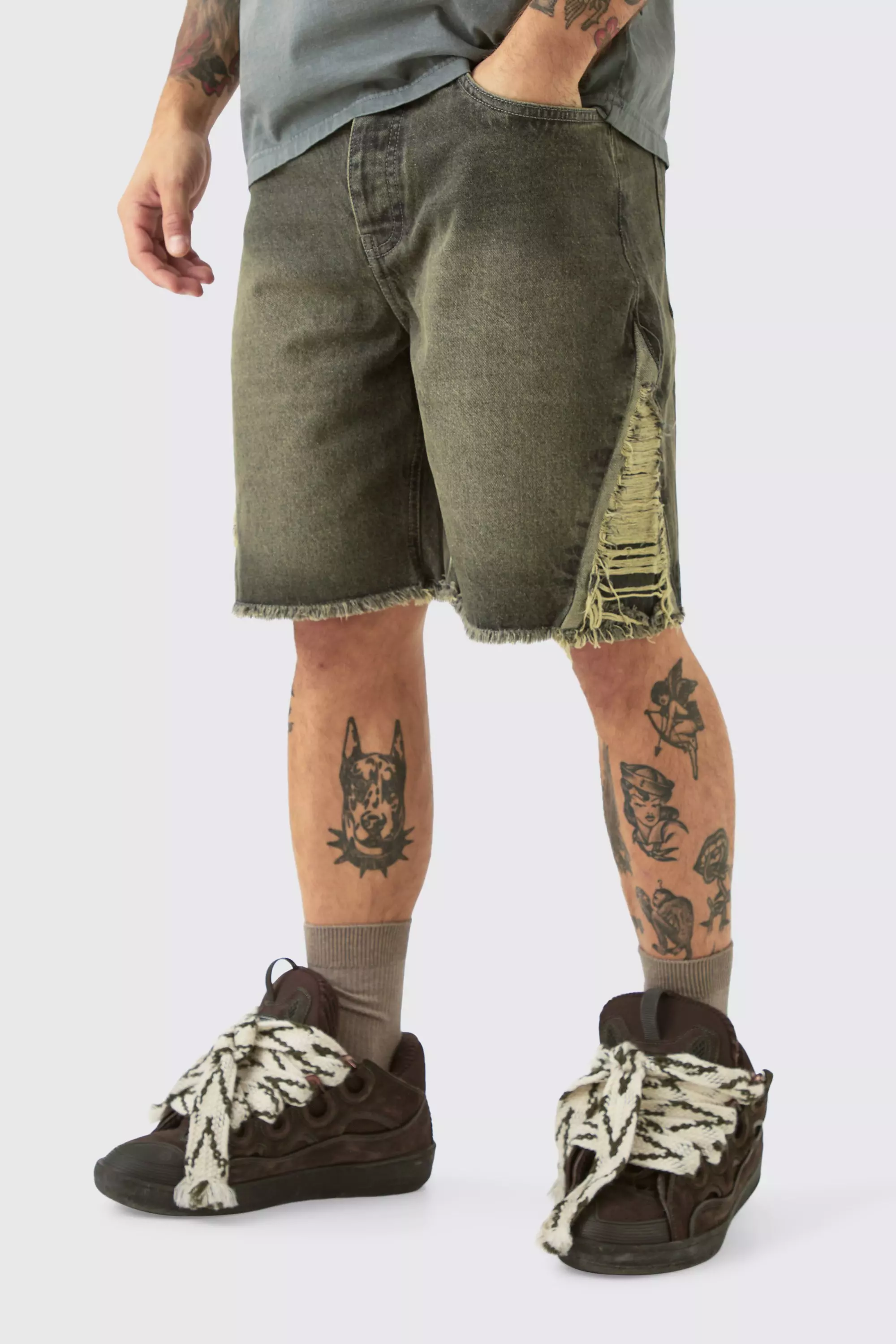 Relaxed Rigid Extreme Side Ripped Denim Short In Antique Grey | boohooMAN USA
