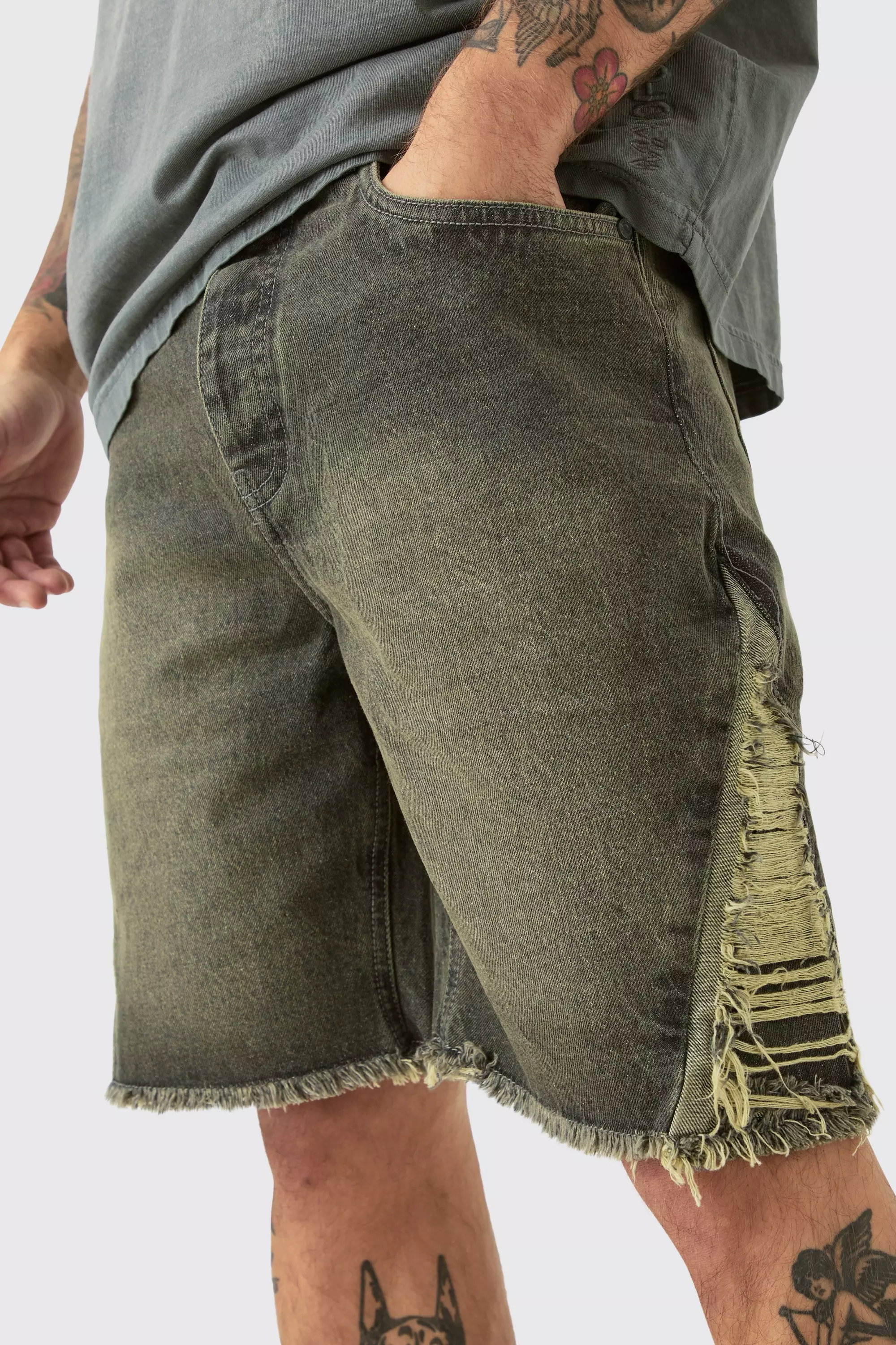 Relaxed Rigid Extreme Side Ripped Denim Short In Antique Grey | boohooMAN USA