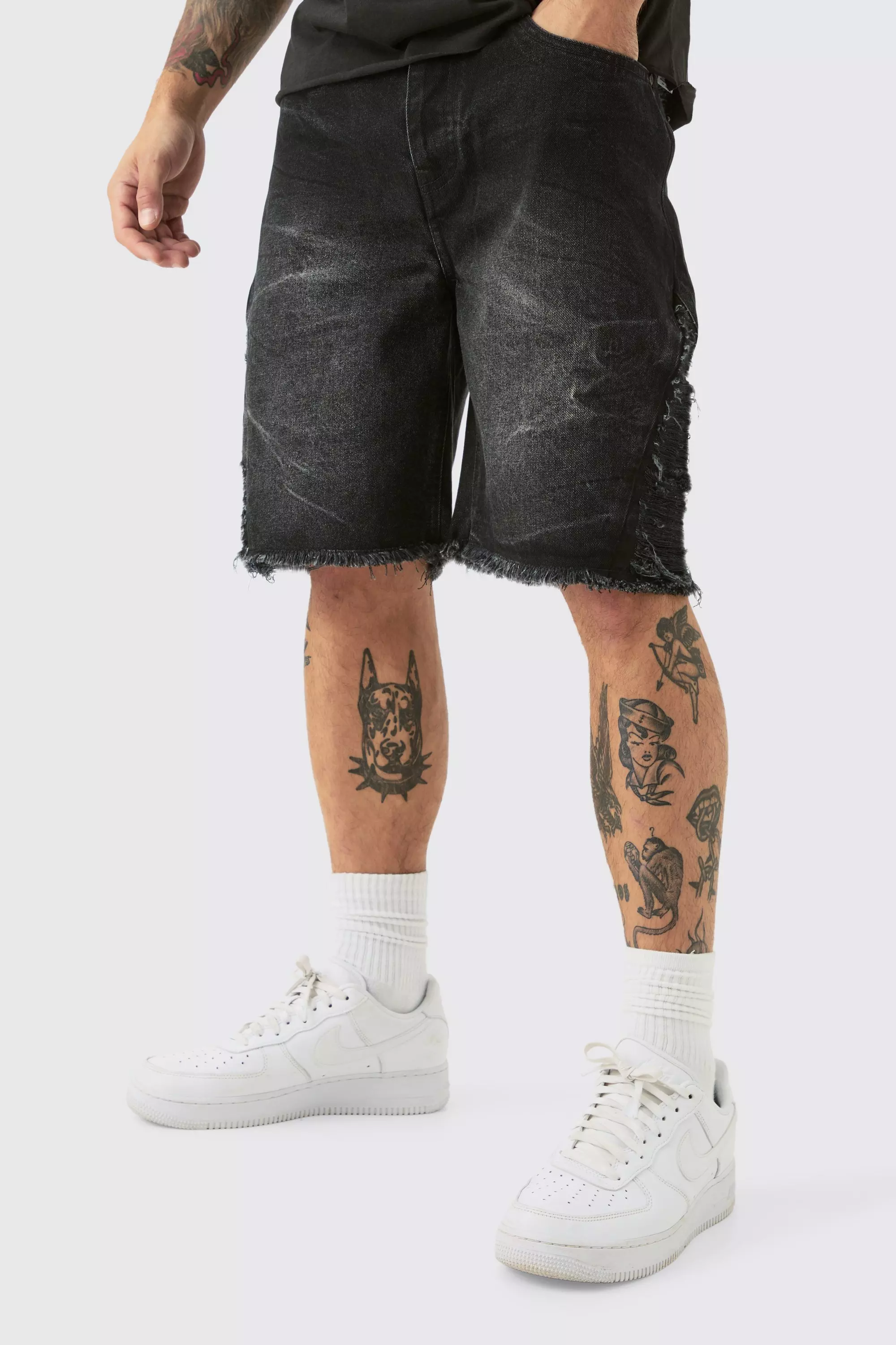 Grey Relaxed Rigid Extreme Side Ripped Denim Short In Washed Black