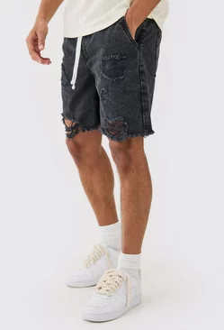 Relaxed Rigid Elastic Waist Ripped Denim Short In Washed Black Washed black