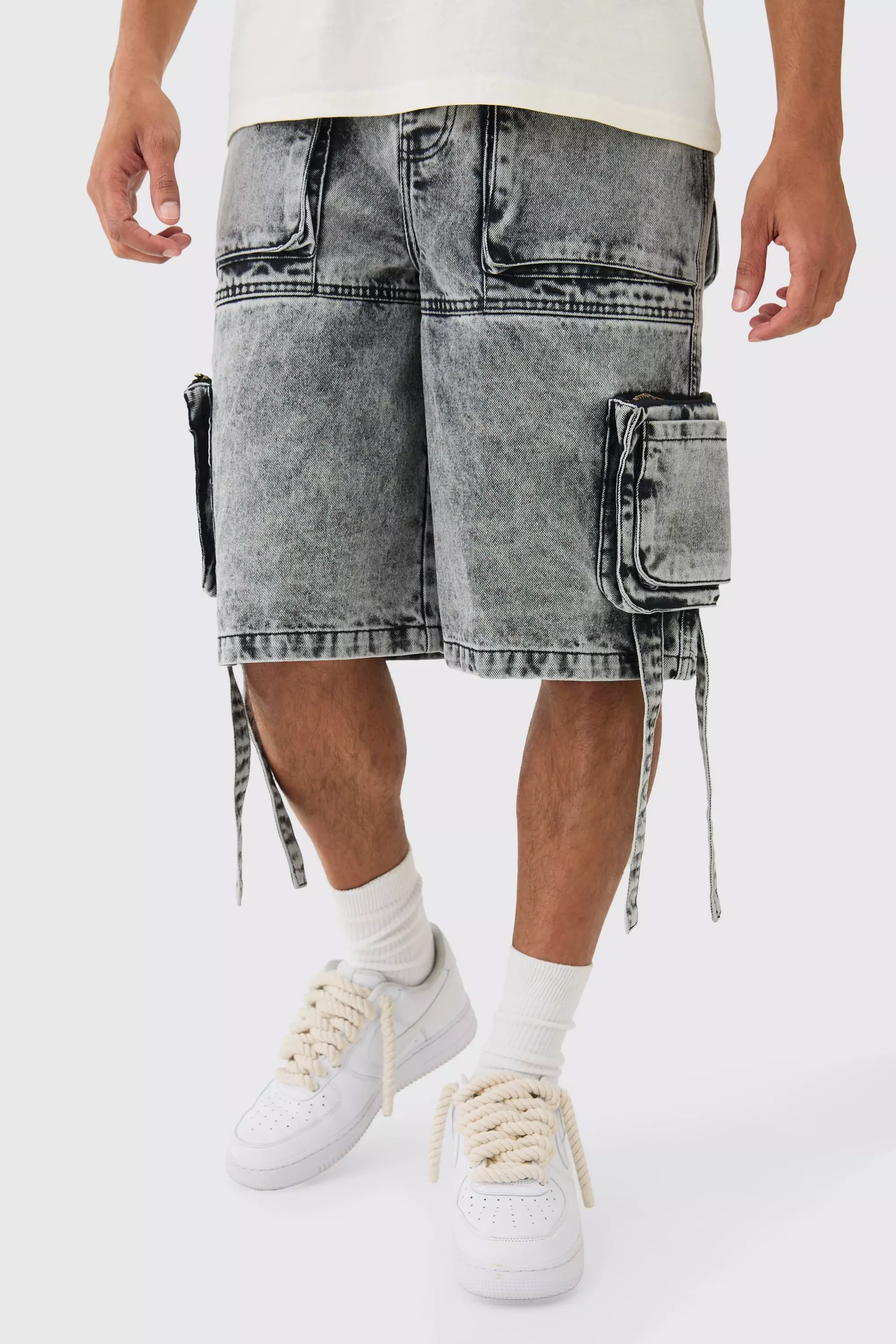 Black Multi Pocket Cargo Strap Denim Jorts In Washed Black