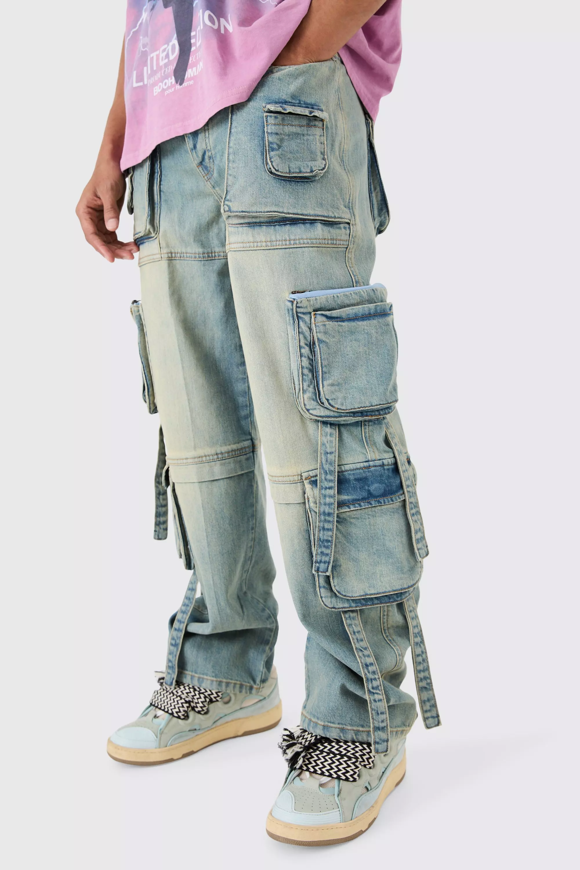 Blue Baggy Rigid Mulit Pocket Cargo Strap Denim Jean In Light Blue