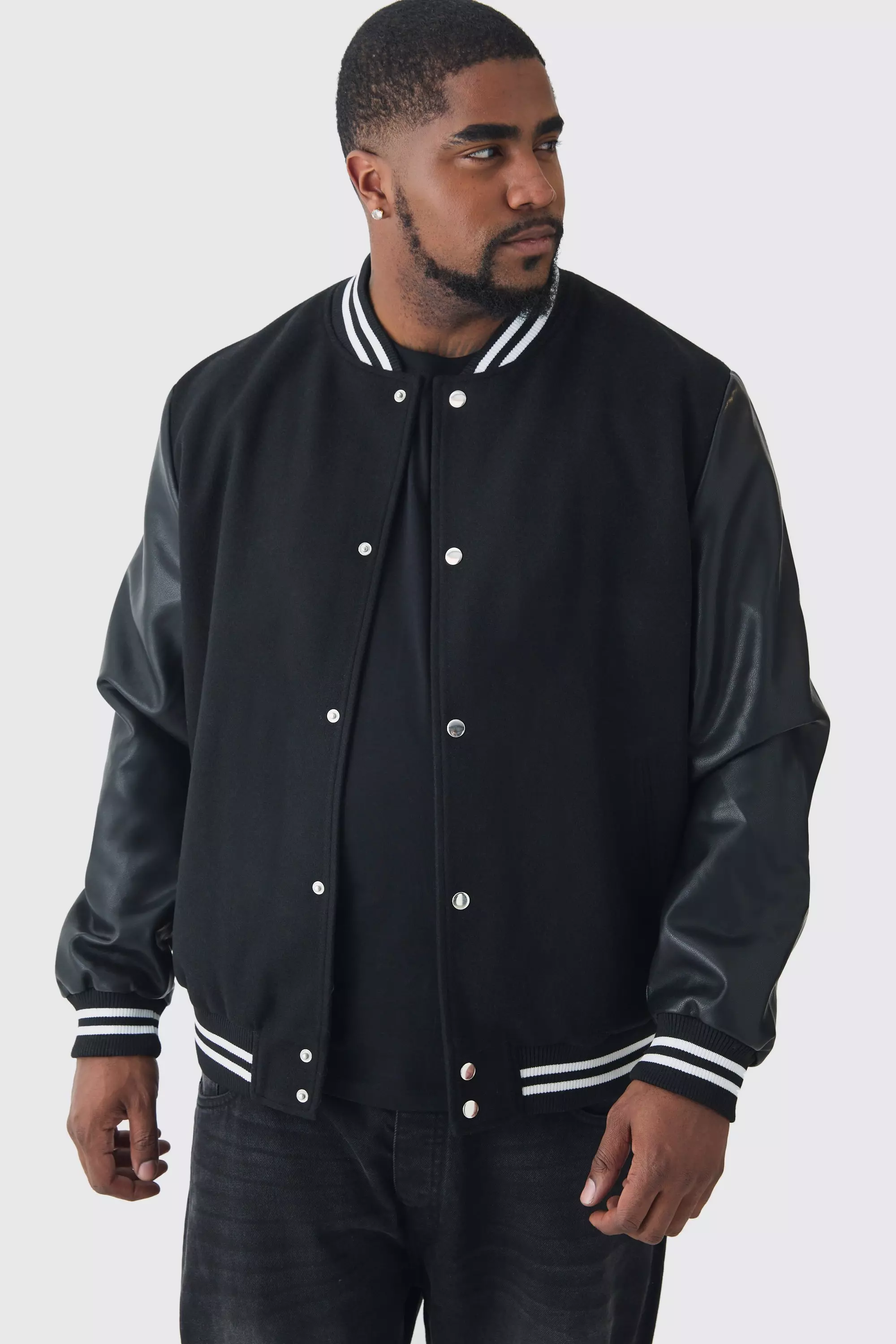 Plus Melton And PU Sleeve Varsity Jacket In Black Black