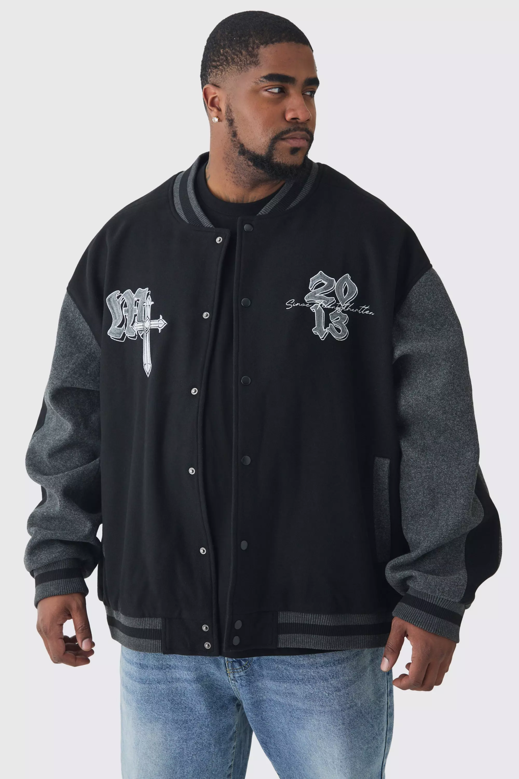 Plus Oversized Official Colour Block Varsity Jacket In Black Black