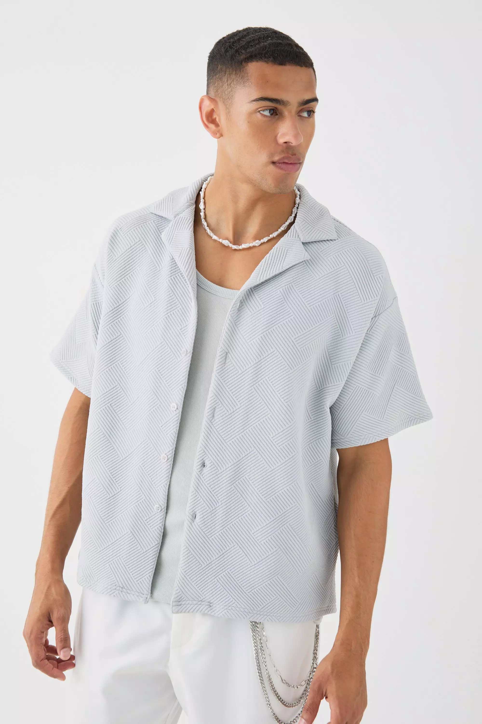 Boxy Twill Revere Collar Shirt In Grey Grey