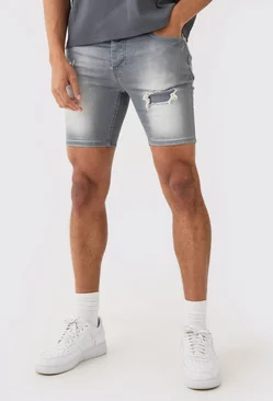 Grey Skinny Stretch Rip & Repair Denim Shorts In Grey