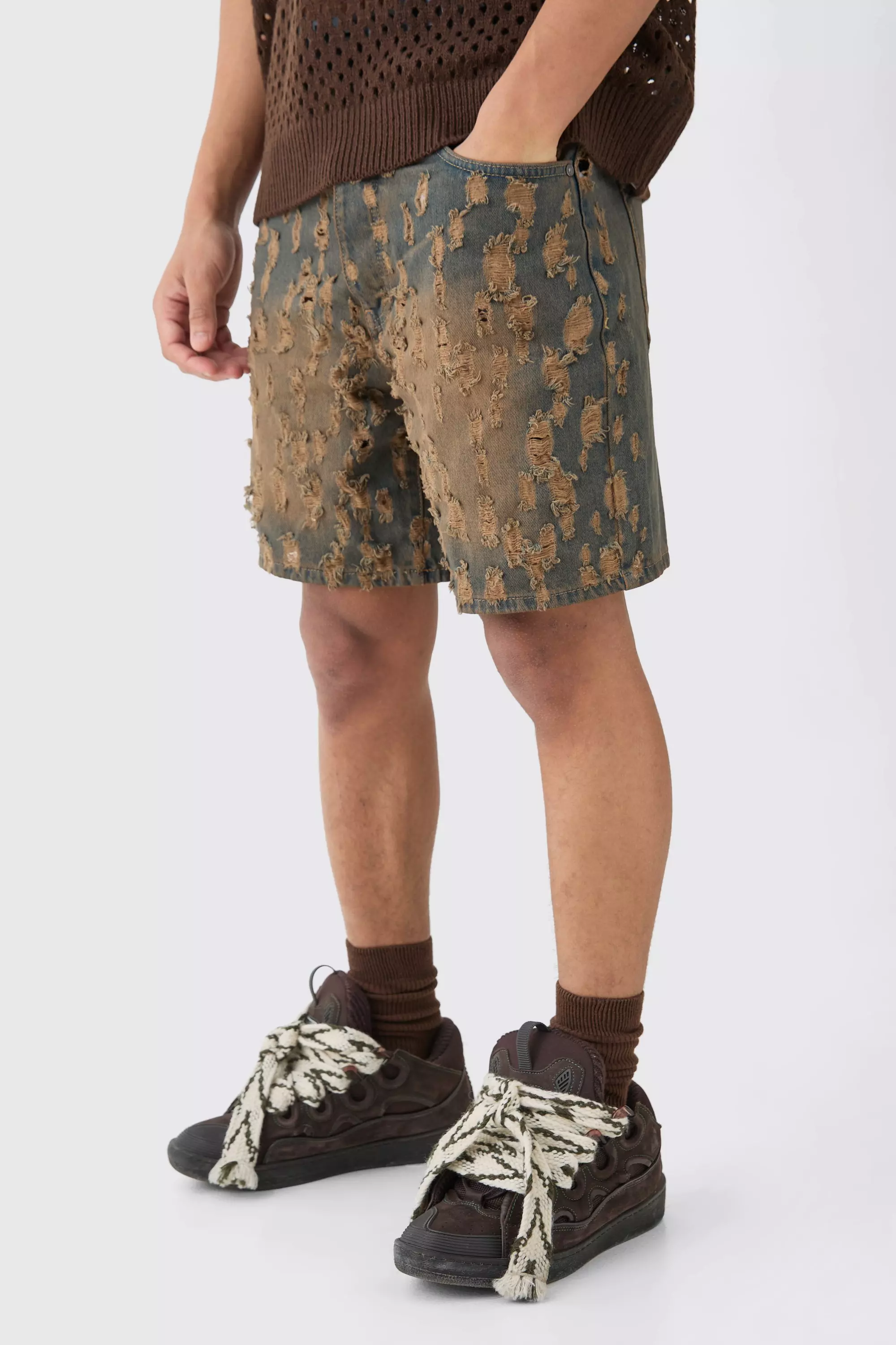 Mid blue Relaxed Rigid Burnout Rip Denim Shorts In Antique Wash alternative image