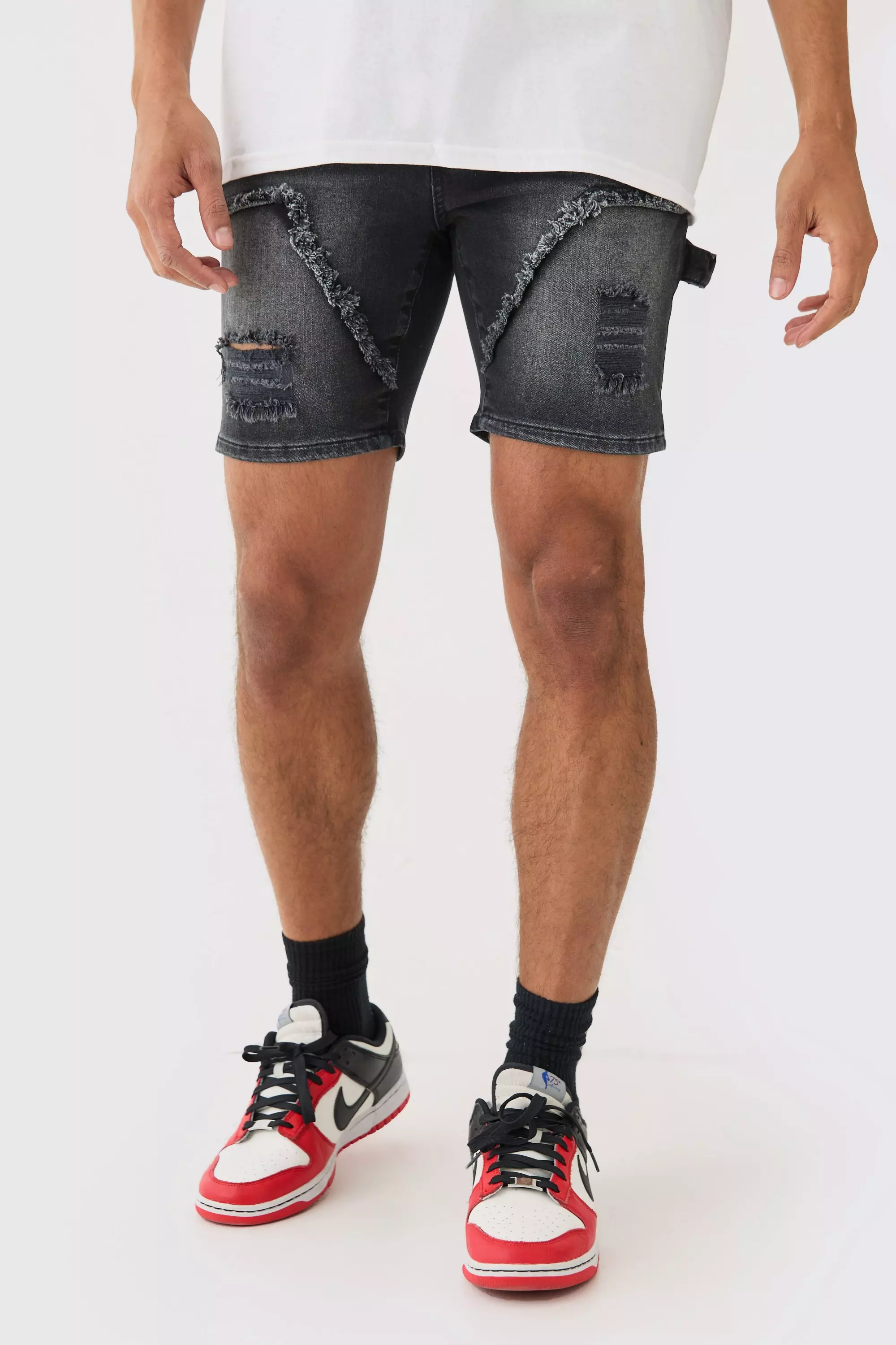 Grey Skinny Stretch Ripped Carpenter Denim Shorts In Washed Black