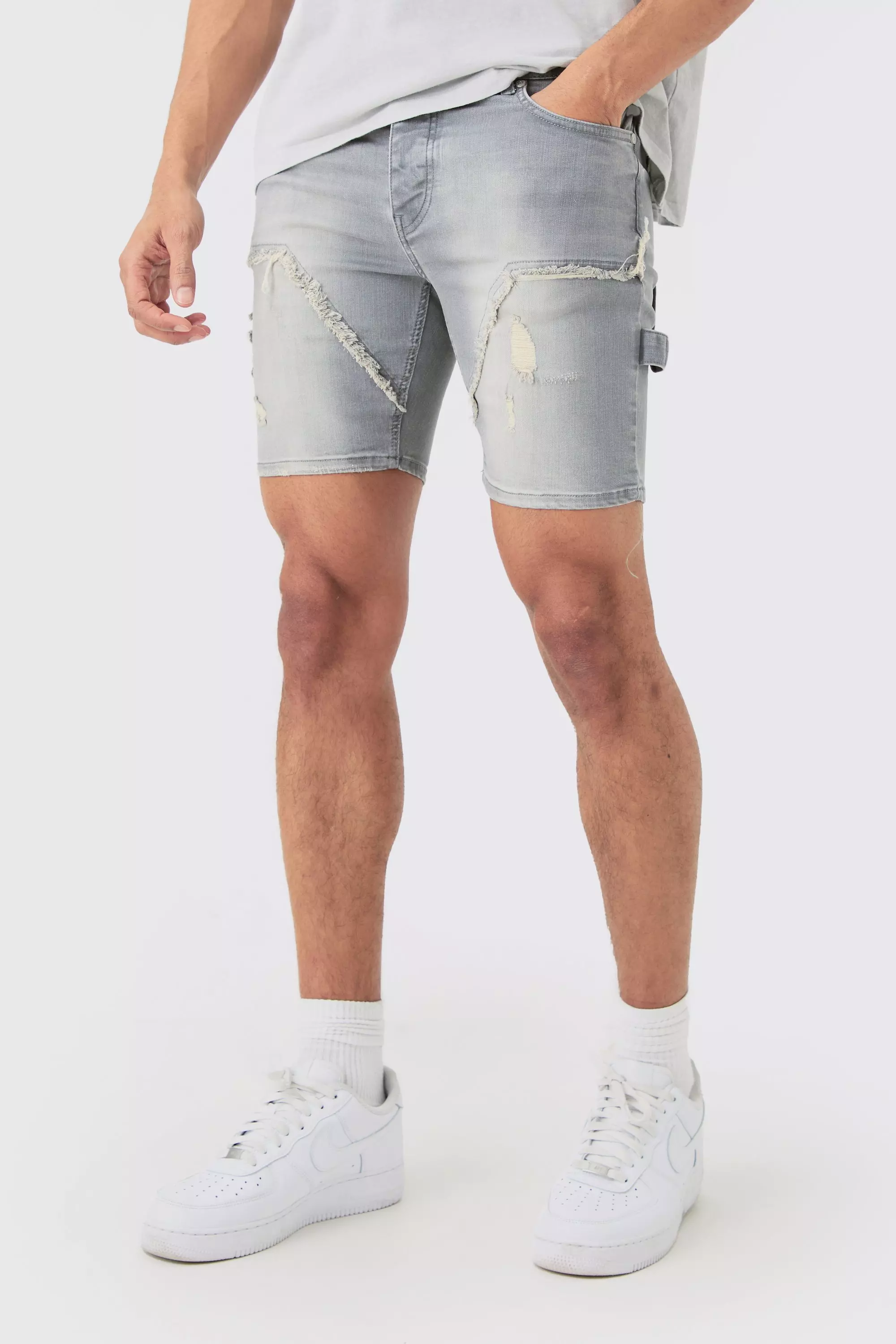 Skinny Stretch Ripped Carpenter Denim Shorts In Antique Grey Grey