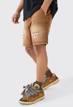 Brown Relaxed Rigid Ripped Carpenter Denim Short In Brown