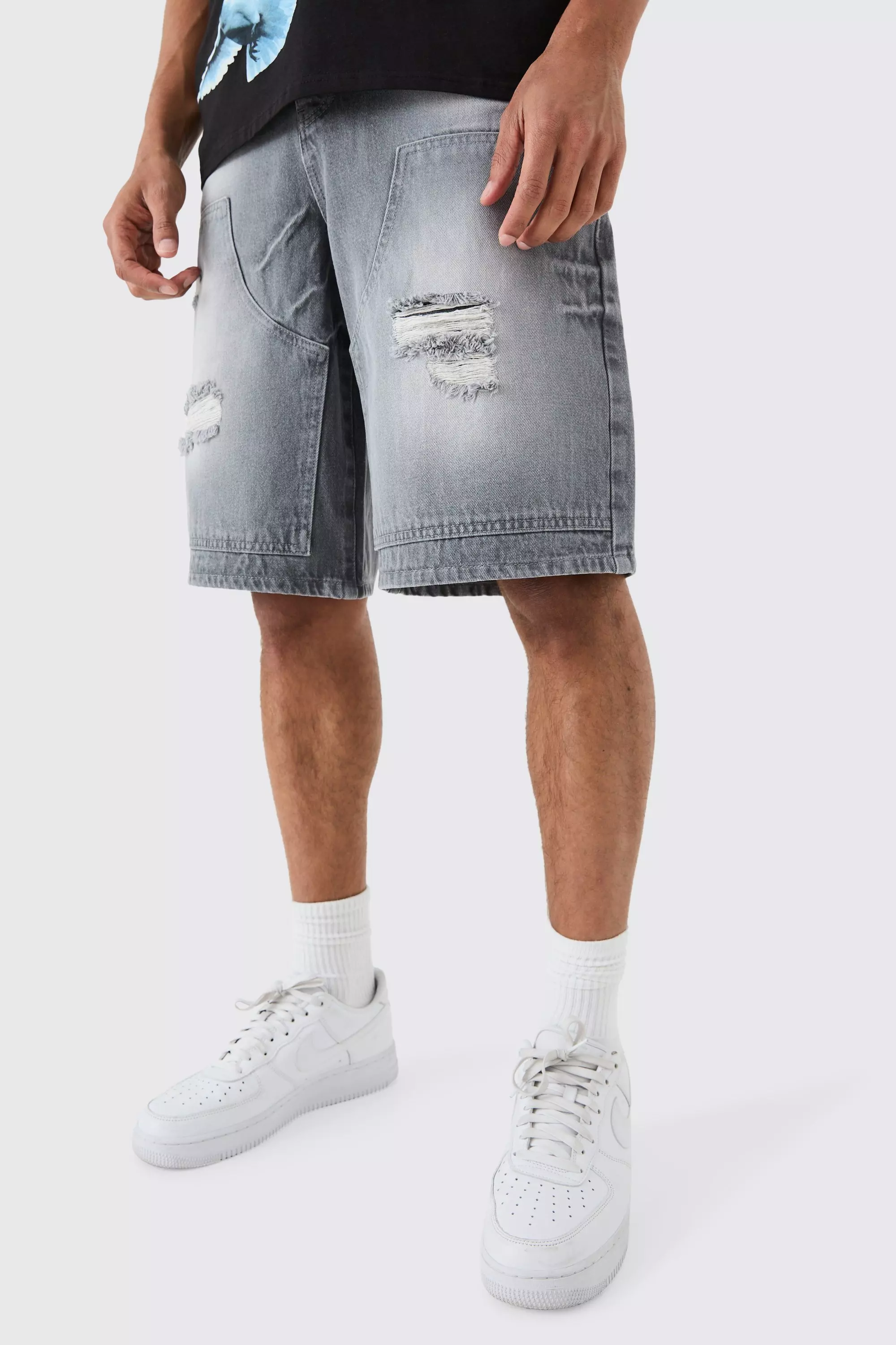 Grey Ripped Carpenter Denim Jorts In Grey