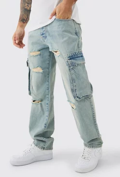 Blue Relaxed Rigid Ripped Cargo Pocked Denim Jean In Light Blue