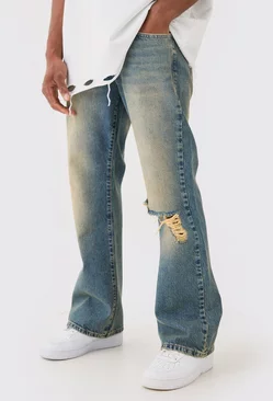 Relaxed Flare Rigid Knee Rip Tinted Denim Jean Green