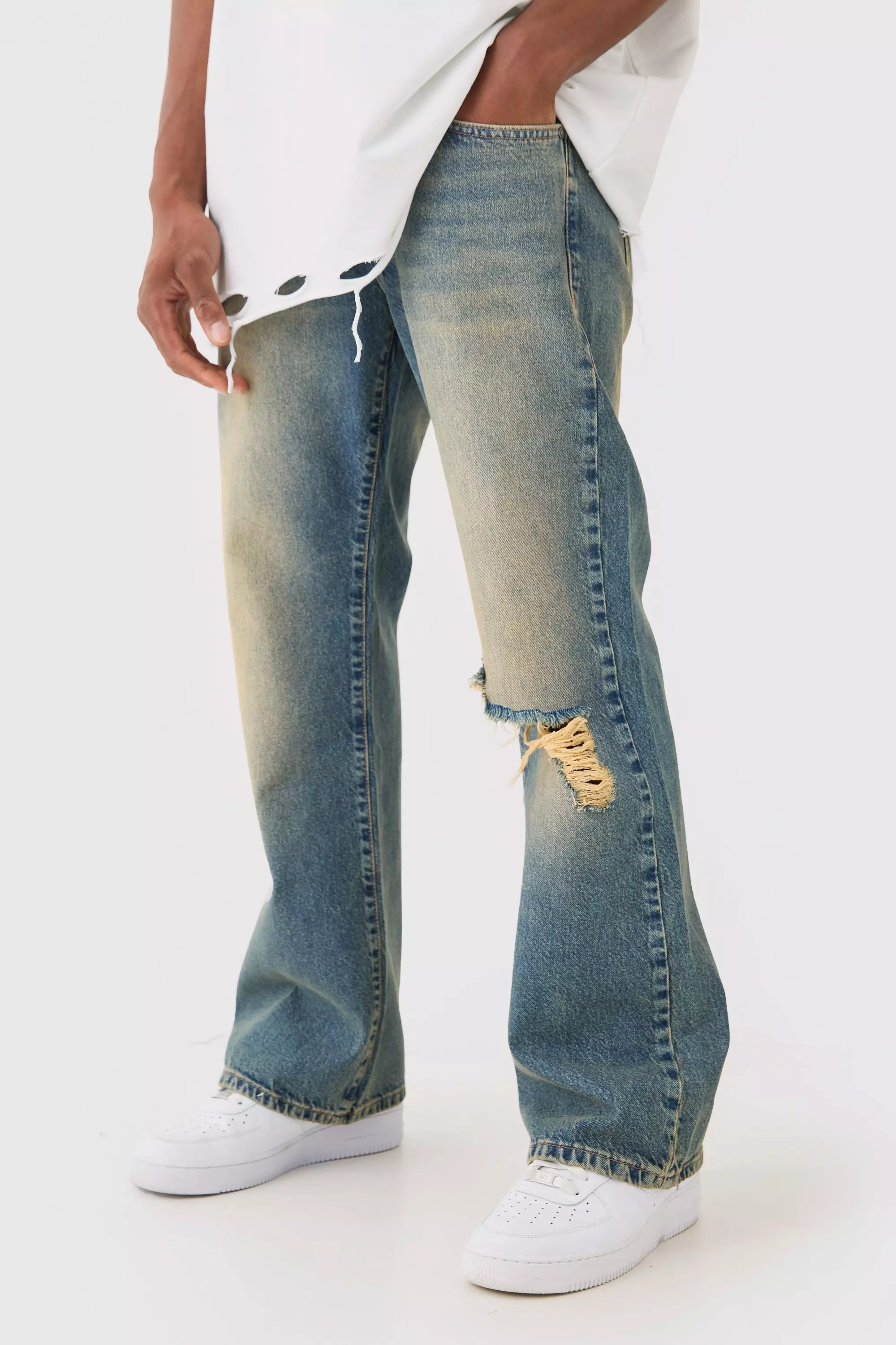 Relaxed Flare Rigid Knee Rip Tinted Denim Jean | boohooMAN USA