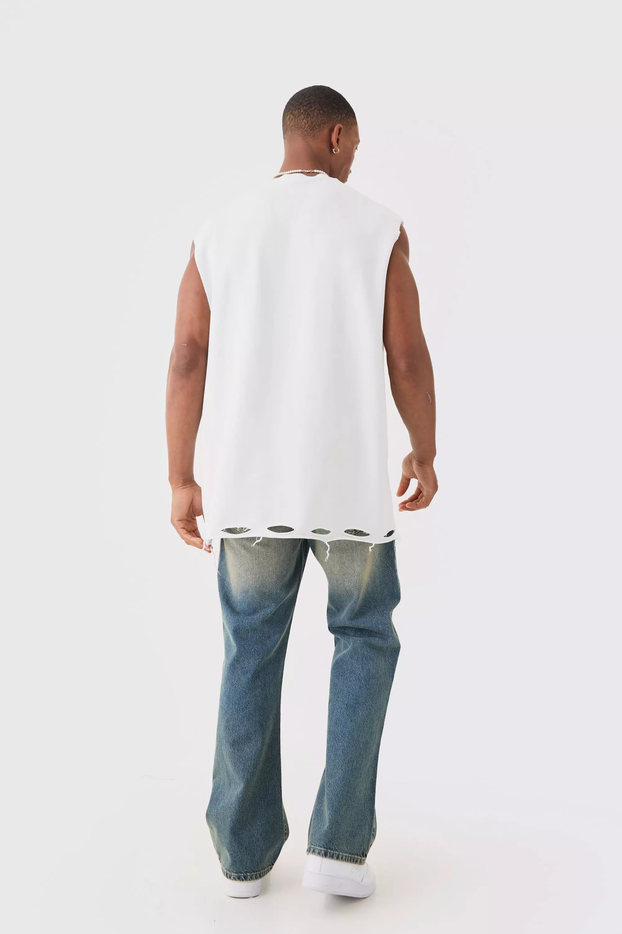 Relaxed Flare Rigid Knee Rip Tinted Denim Jean | boohooMAN USA