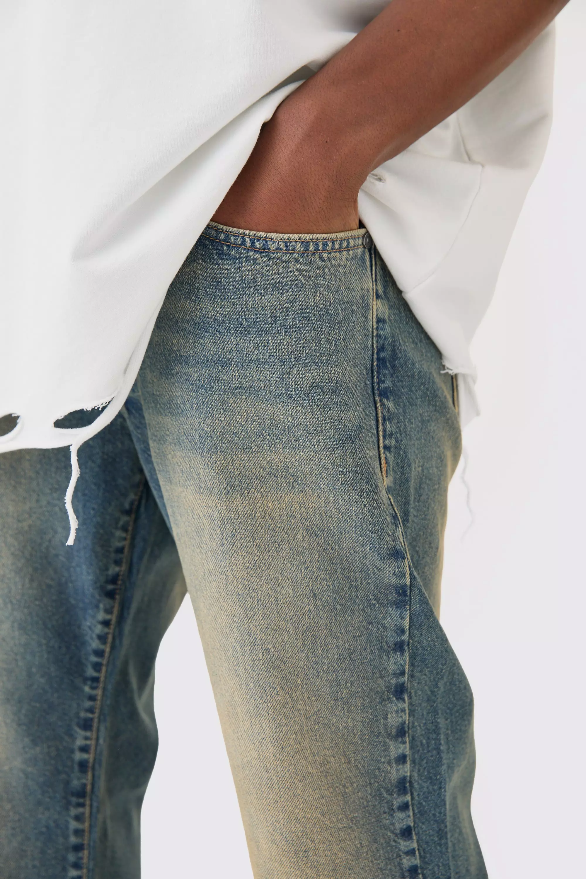 Relaxed Flare Rigid Knee Rip Tinted Denim Jean | boohooMAN USA