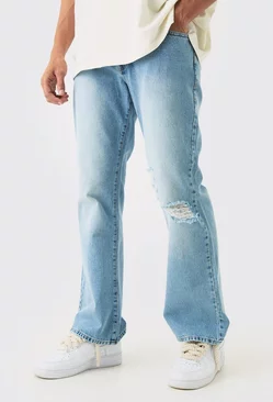 Blue Relaxed Flare Rigid Knee Rip Tinted Denim Jean