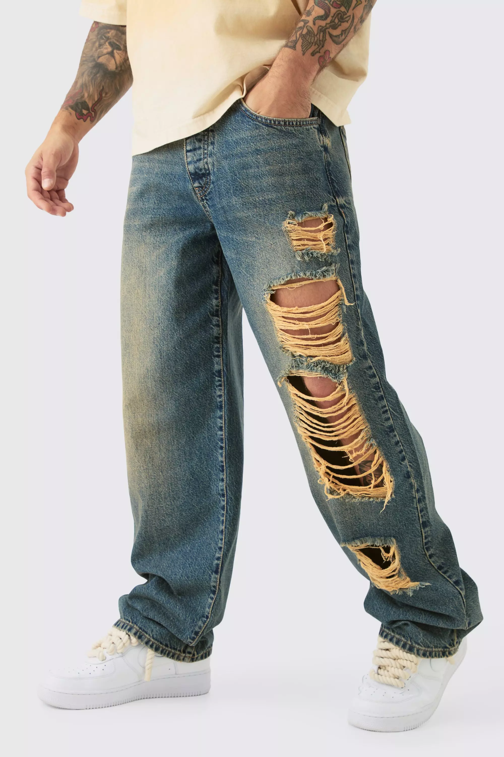 Baggy Rigid Ripped Denim Jean In Antique Wash Antique wash