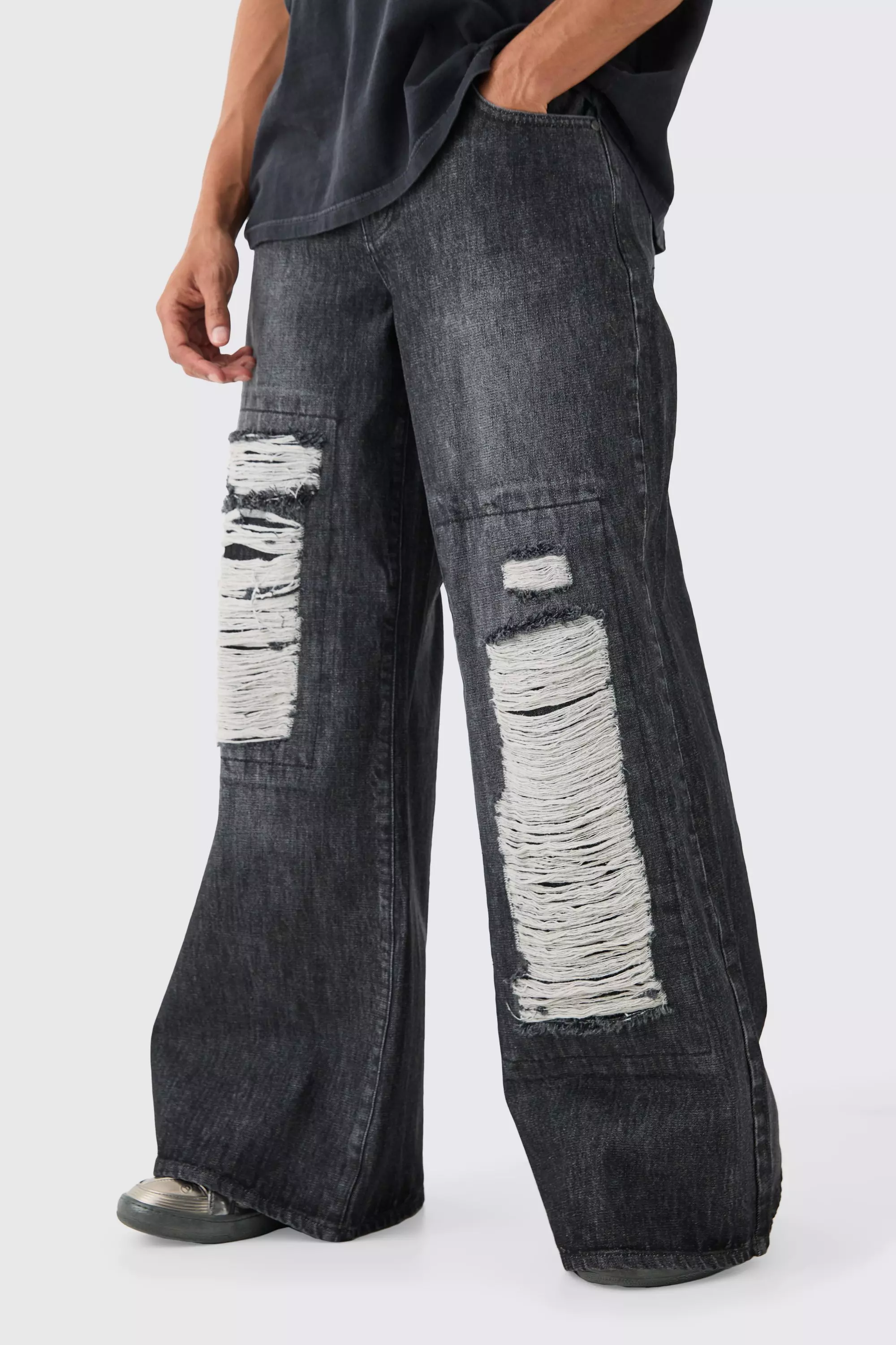 Baggy Rigid Extreme Ripped Denim Jean In Washed Black Washed black