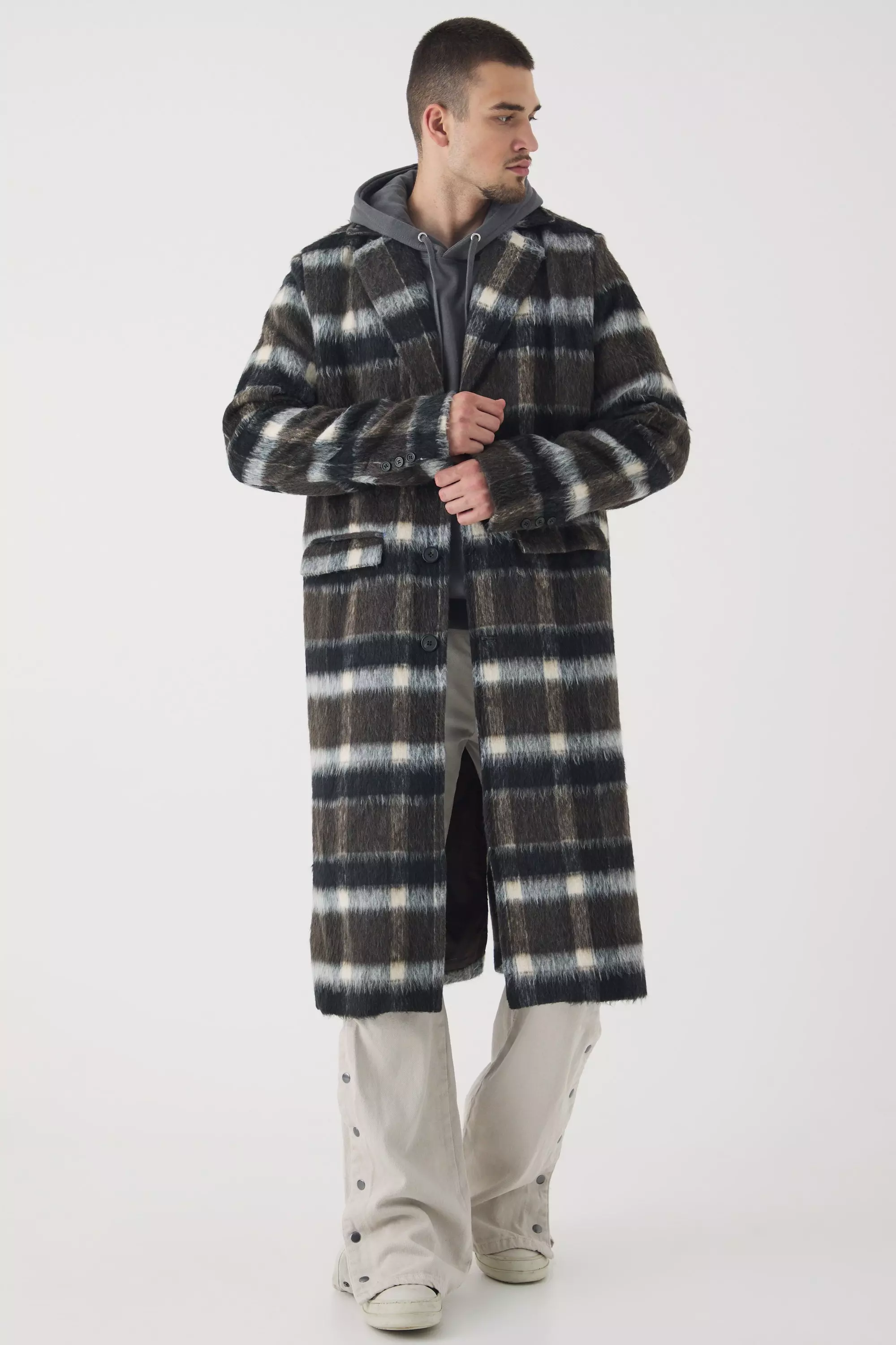 Brown Tall Brushed Plaid Overcoat In Brown