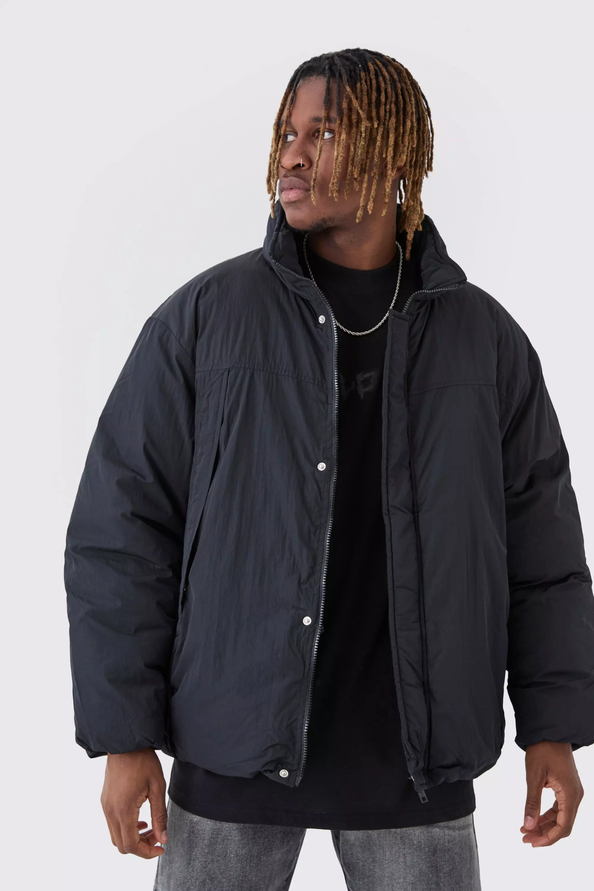 Black Tall Gewatteerde Jas Met Hoge Kraag In Zwart alternatieve afbeelding