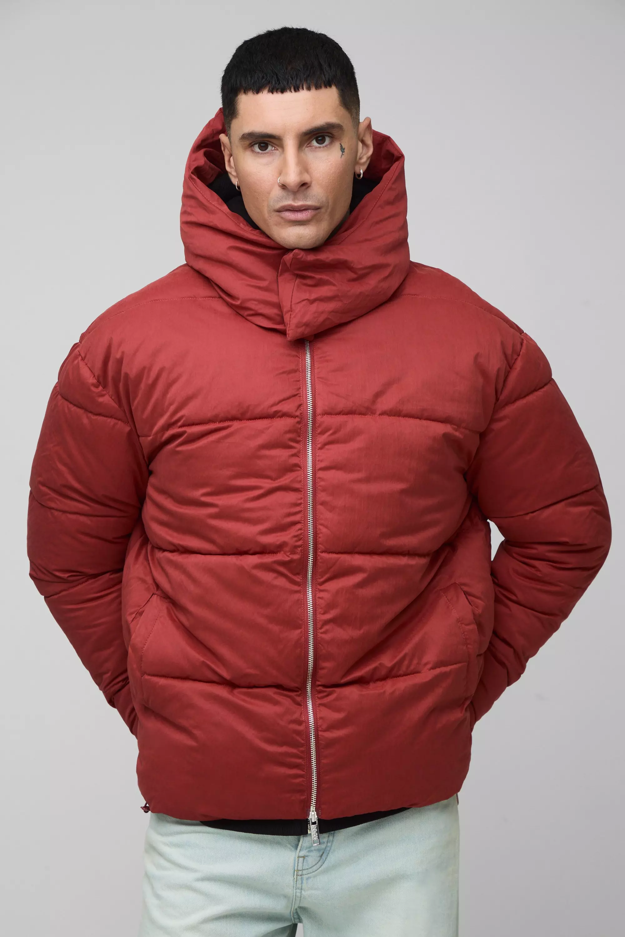 Funnel neck hooded puffer coat on sale