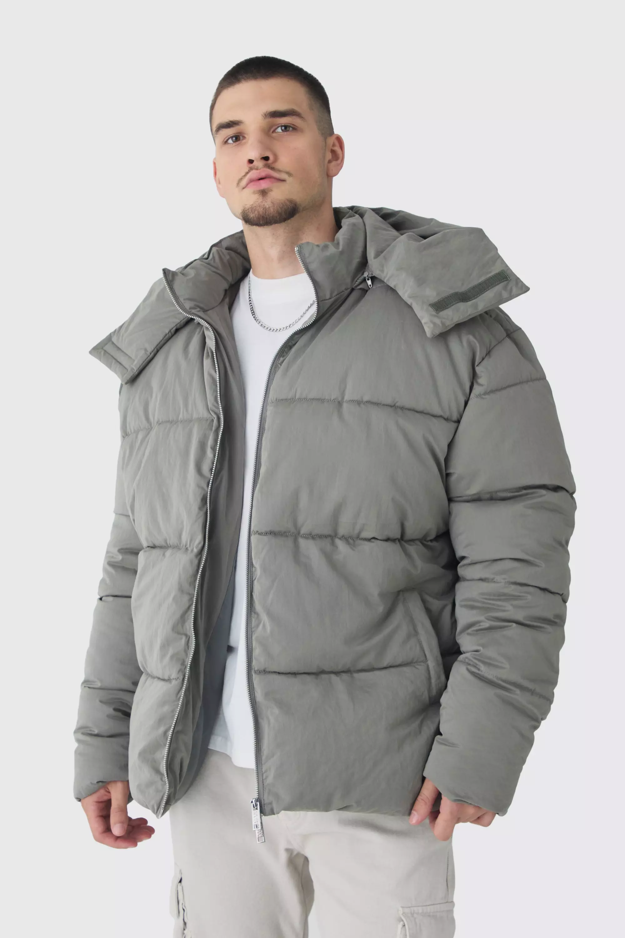 Tall Extended Funnel Neck Hooded Puffer Jacket In Grey boohooMAN USA