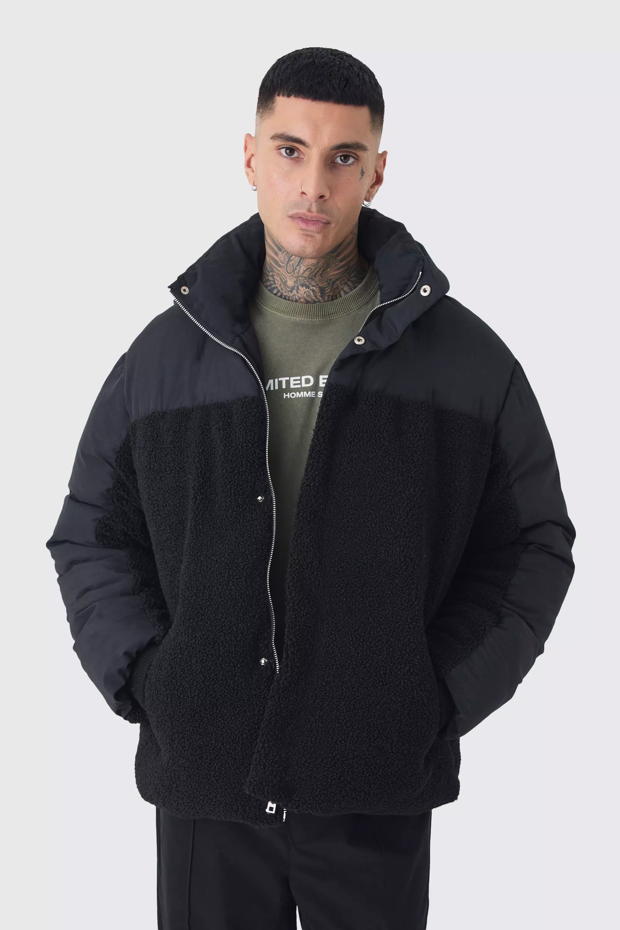 Tall Borg And Nylon Padded Coat In Black alternative image