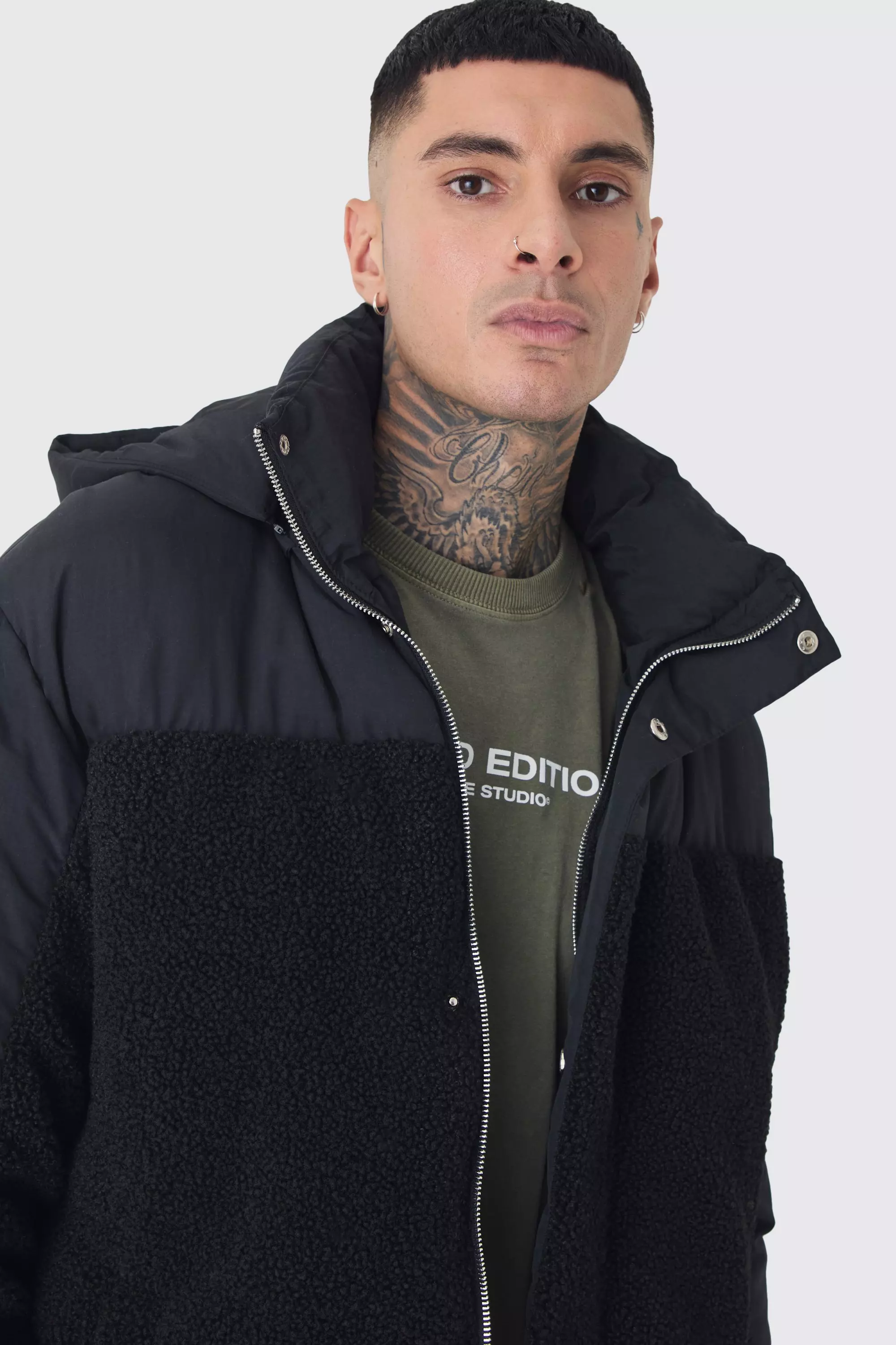 Tall Borg And Nylon Padded Coat In Black alternative image